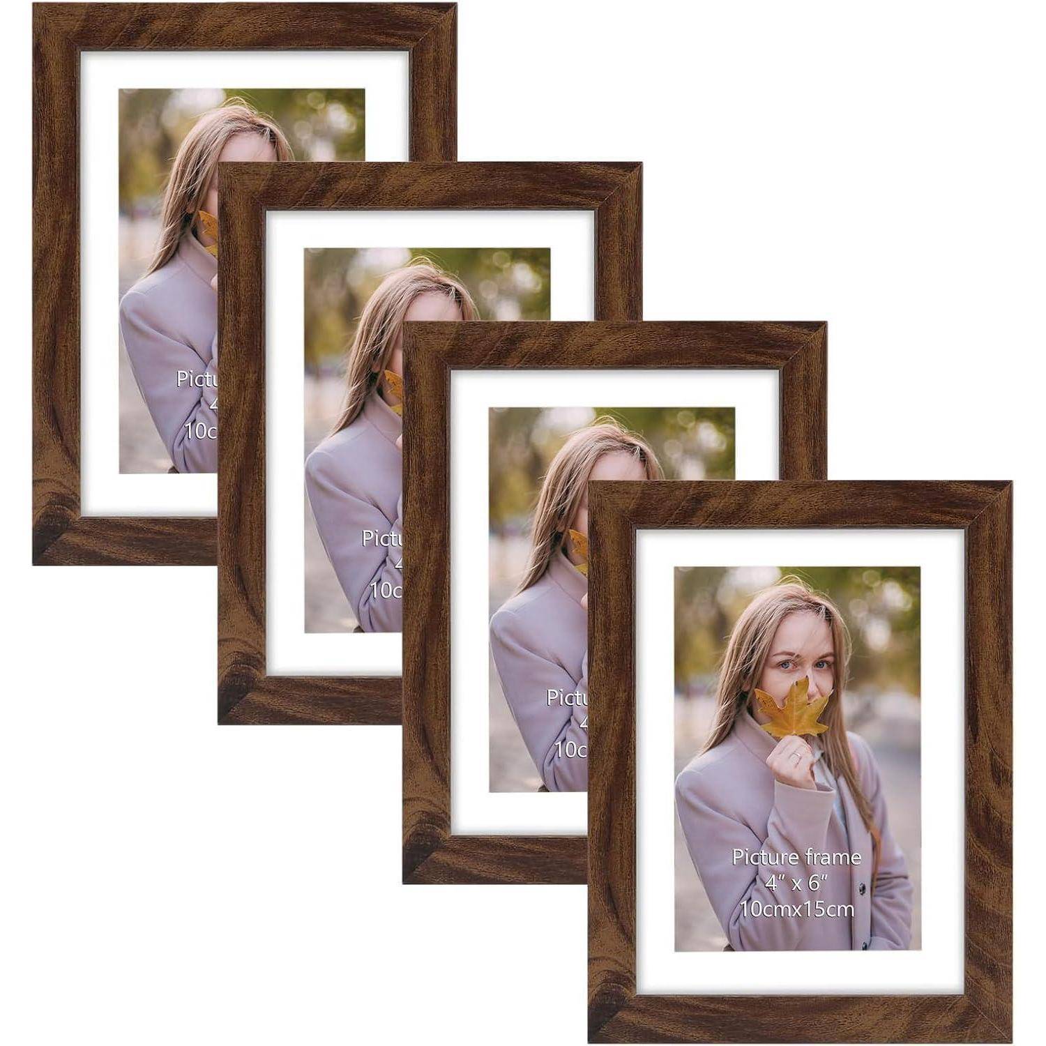 EXYGLO 4er-Set Bilderrahmen 10x15 CM, Braune Rustikale Fotorahmen für 15x10 Fotos mit Passepartouts oder 13x18 Bilder ohne Passepartouts, Wand- oder