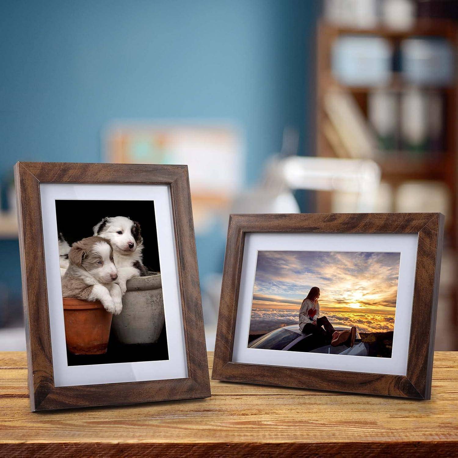 EXYGLO 4er-Set Bilderrahmen 10x15 CM, Braune Rustikale Fotorahmen für 15x10 Fotos mit Passepartouts oder 13x18 Bilder ohne Passepartouts, Wand- oder