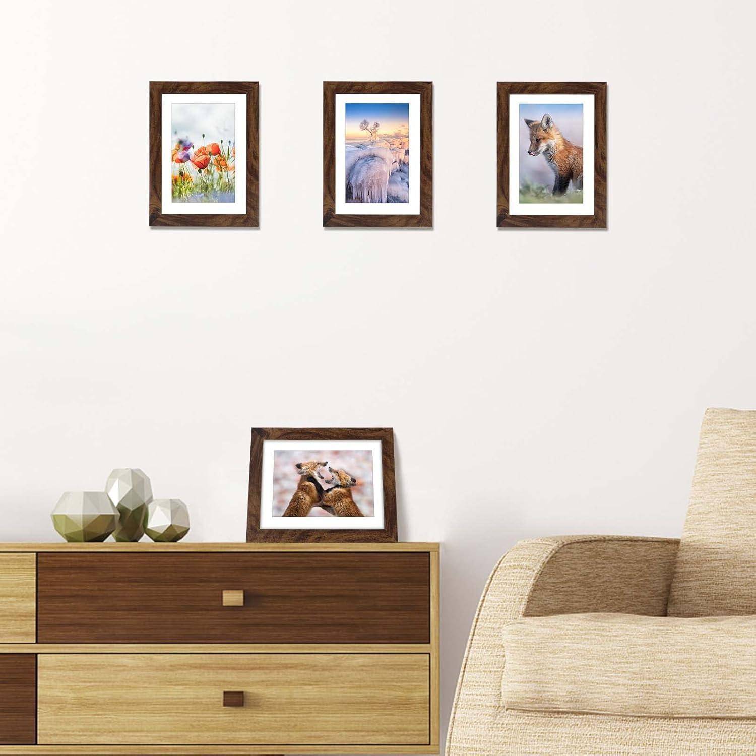 EXYGLO 4er-Set Bilderrahmen 10x15 CM, Braune Rustikale Fotorahmen für 15x10 Fotos mit Passepartouts oder 13x18 Bilder ohne Passepartouts, Wand- oder
