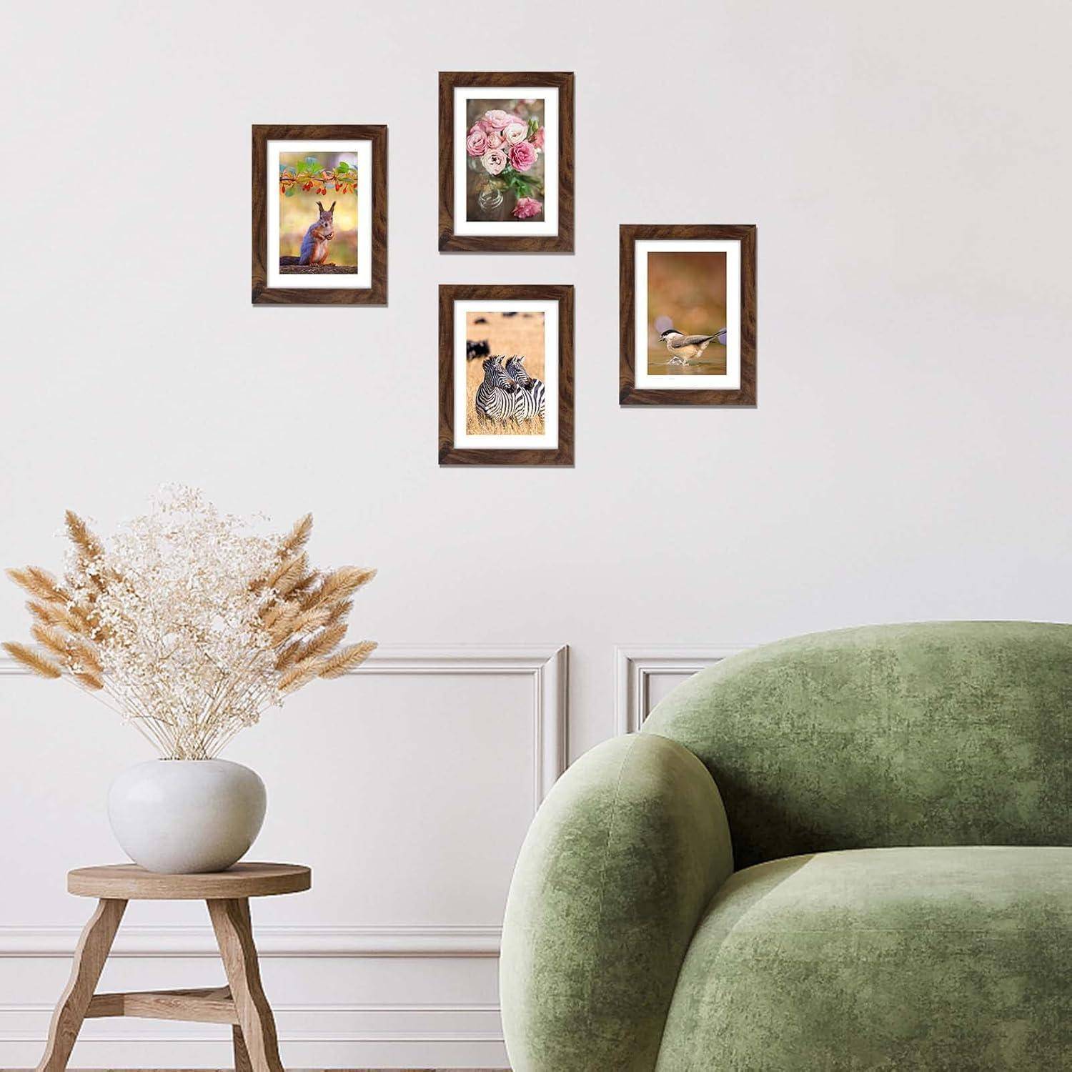 EXYGLO 4er-Set Bilderrahmen 10x15 CM, Braune Rustikale Fotorahmen für 15x10 Fotos mit Passepartouts oder 13x18 Bilder ohne Passepartouts, Wand- oder