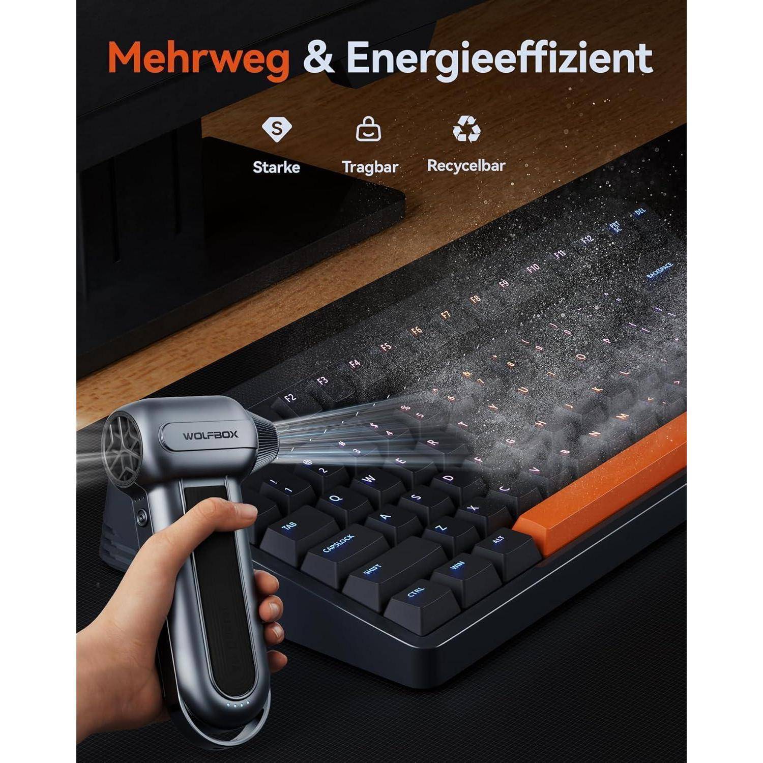 WOLFBOX MF100 Electric Air Duster-150000RPM Super Power Cordless Air Duster, wiederaufladbare Luftgebläse, 3-Gang einstellbare Mini-Gebläse, Staubge