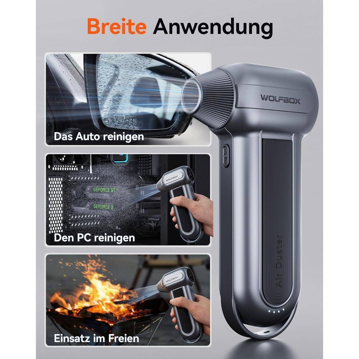 WOLFBOX MF100 Electric Air Duster-150000RPM Super Power Cordless Air Duster, wiederaufladbare Luftgebläse, 3-Gang einstellbare Mini-Gebläse, Staubge