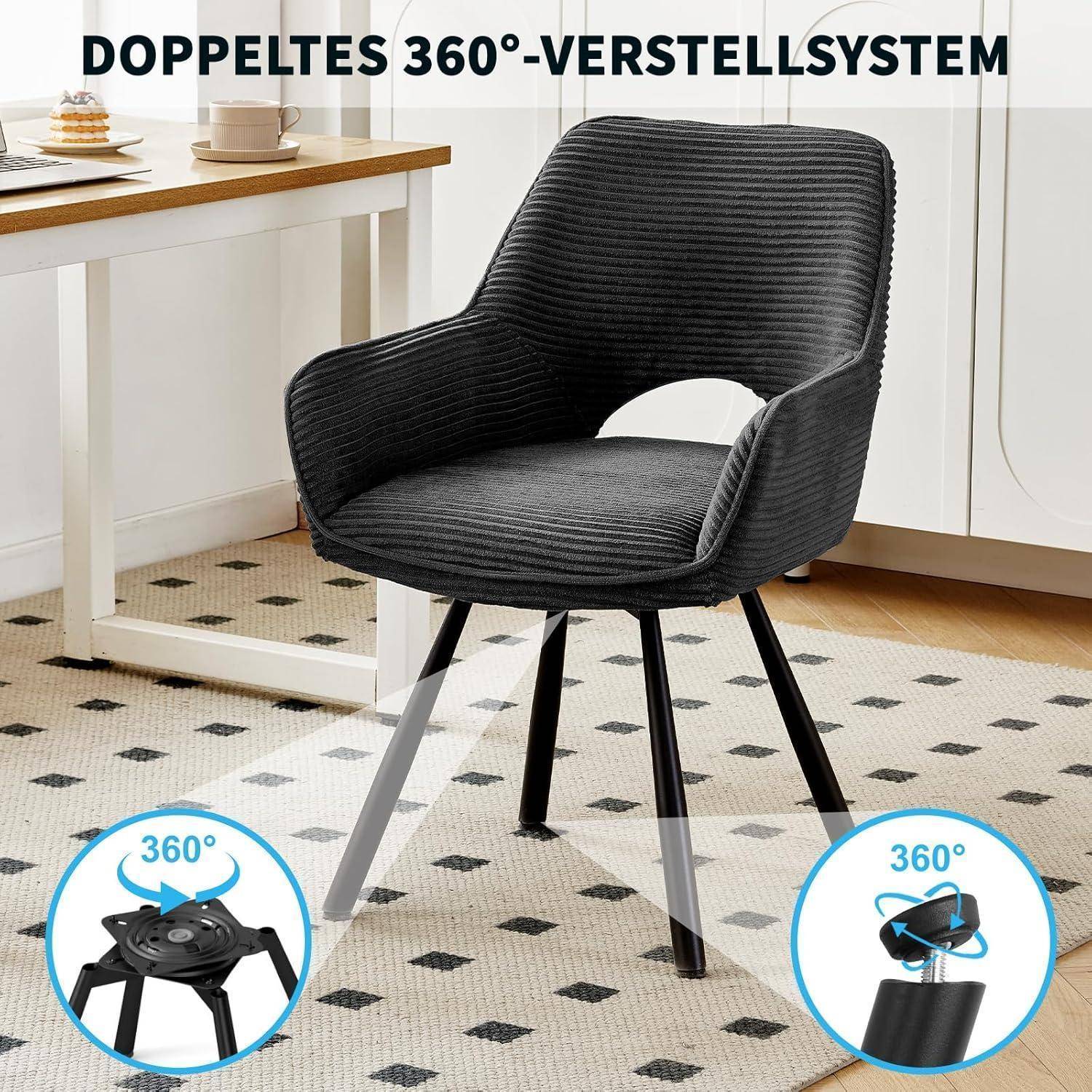 JIJIAN 4er Set 360° Drehbare Esszimmerstühle mit Armlehnen, Schwarz | Drehbar Stühle Esszimmer mit Metallbeinen, Moderner Küchenstuhl aus Cord, Po