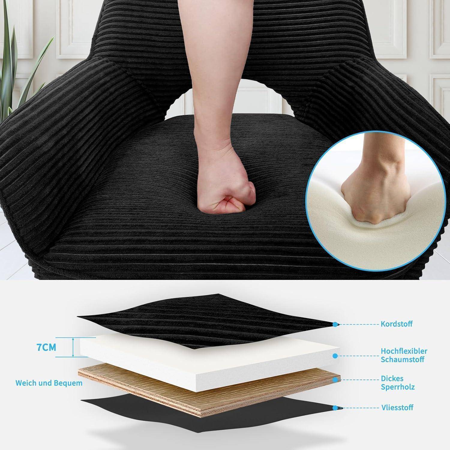 JIJIAN 4er Set 360° Drehbare Esszimmerstühle mit Armlehnen, Schwarz | Drehbar Stühle Esszimmer mit Metallbeinen, Moderner Küchenstuhl aus Cord, Po