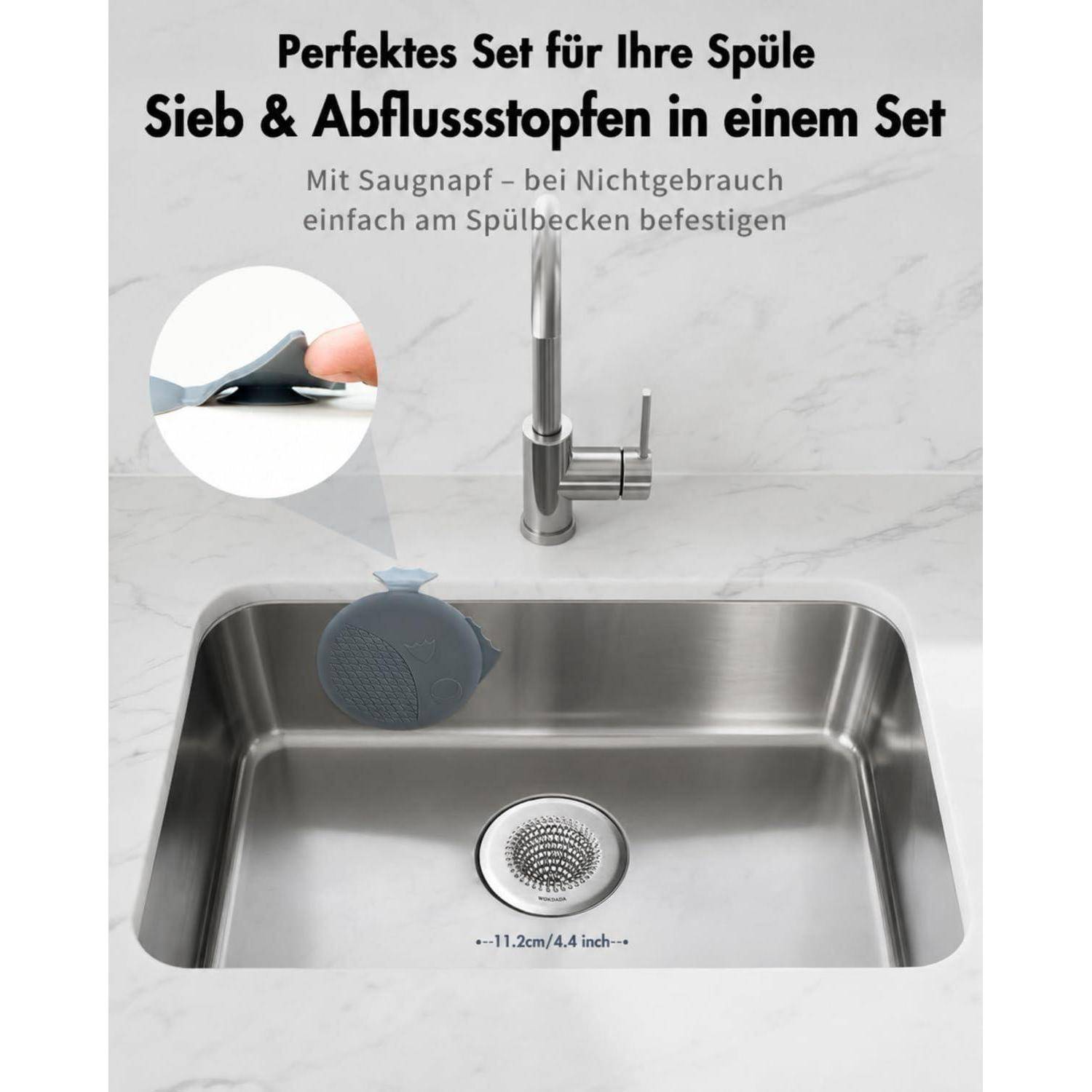 Promotionelles Bild eines Spülbecken-Ablaufsieb- und Stöpsel-Sets mit Saugnapf, gezeigt in einem installierten Zustand in einem Edelstahlspülbecken mit deutschem Text, der die einfache Anbringung erläutert.