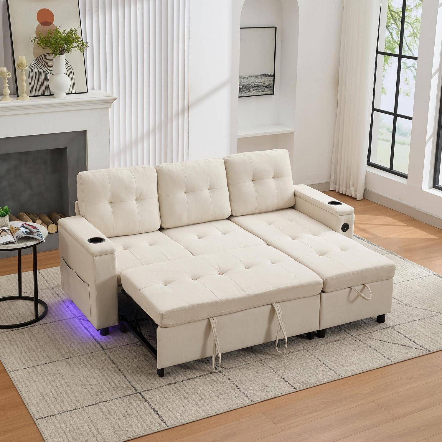 3-Sitzer-Sofa, Schlafsofa, L-förmiges Sofa, Klappsofa mit verstecktem Stauraum, LED-Lichtleiste, USB- und Typ-C-Anschlüssen, für Wohnzimmer & Schla