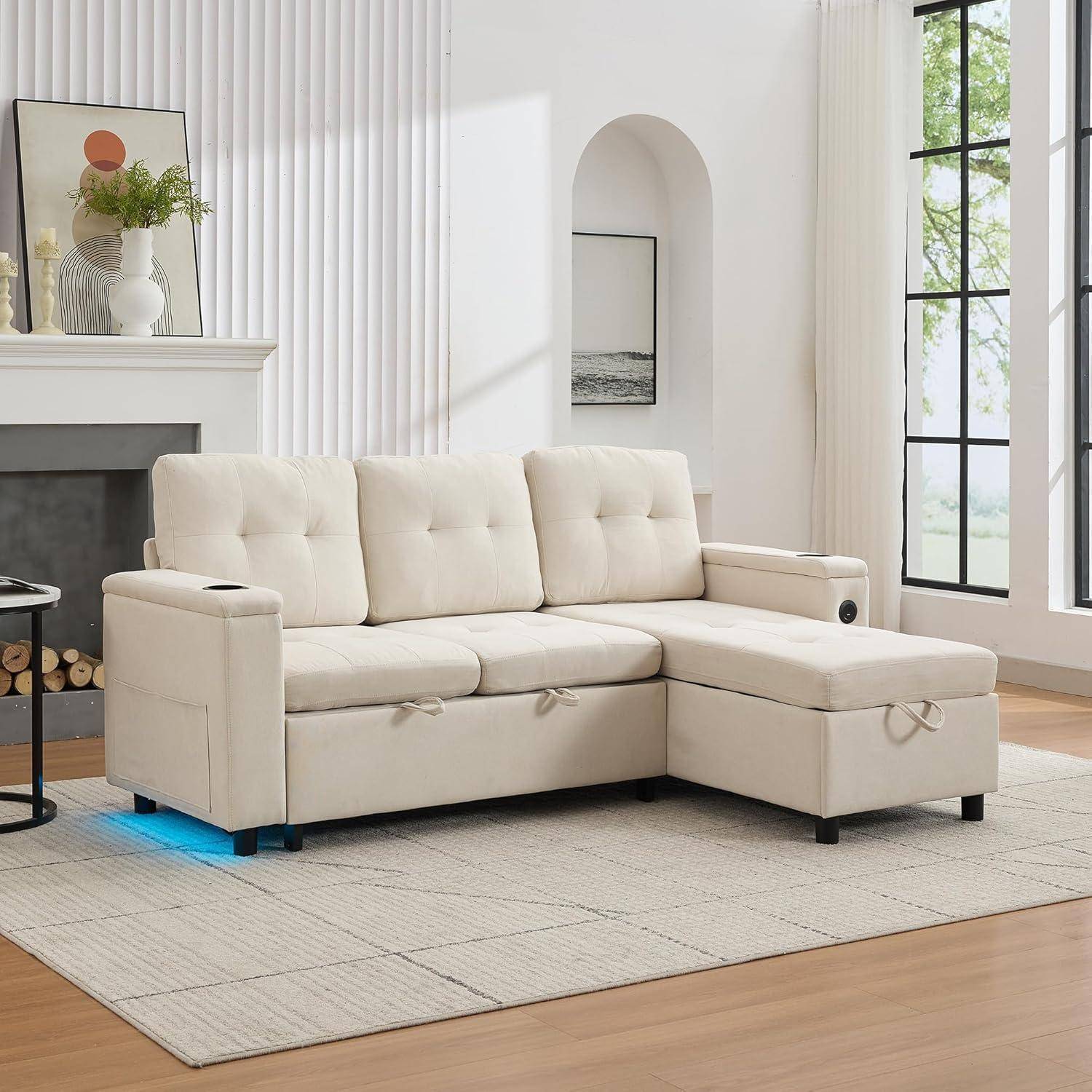 3-Sitzer-Sofa, Schlafsofa, L-förmiges Sofa, Klappsofa mit verstecktem Stauraum, LED-Lichtleiste, USB- und Typ-C-Anschlüssen, für Wohnzimmer & Schla