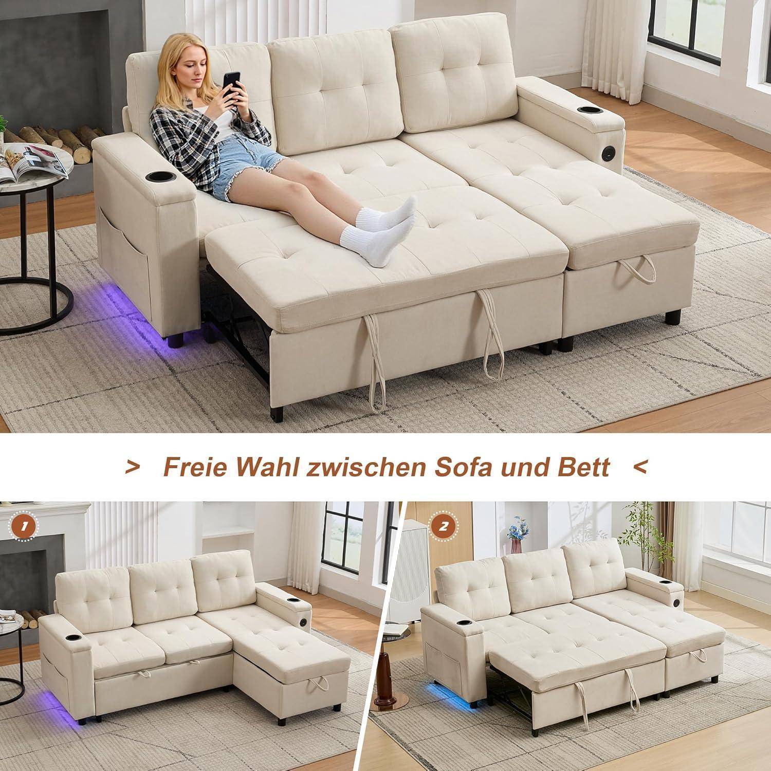 3-Sitzer-Sofa, Schlafsofa, L-förmiges Sofa, Klappsofa mit verstecktem Stauraum, LED-Lichtleiste, USB- und Typ-C-Anschlüssen, für Wohnzimmer & Schla