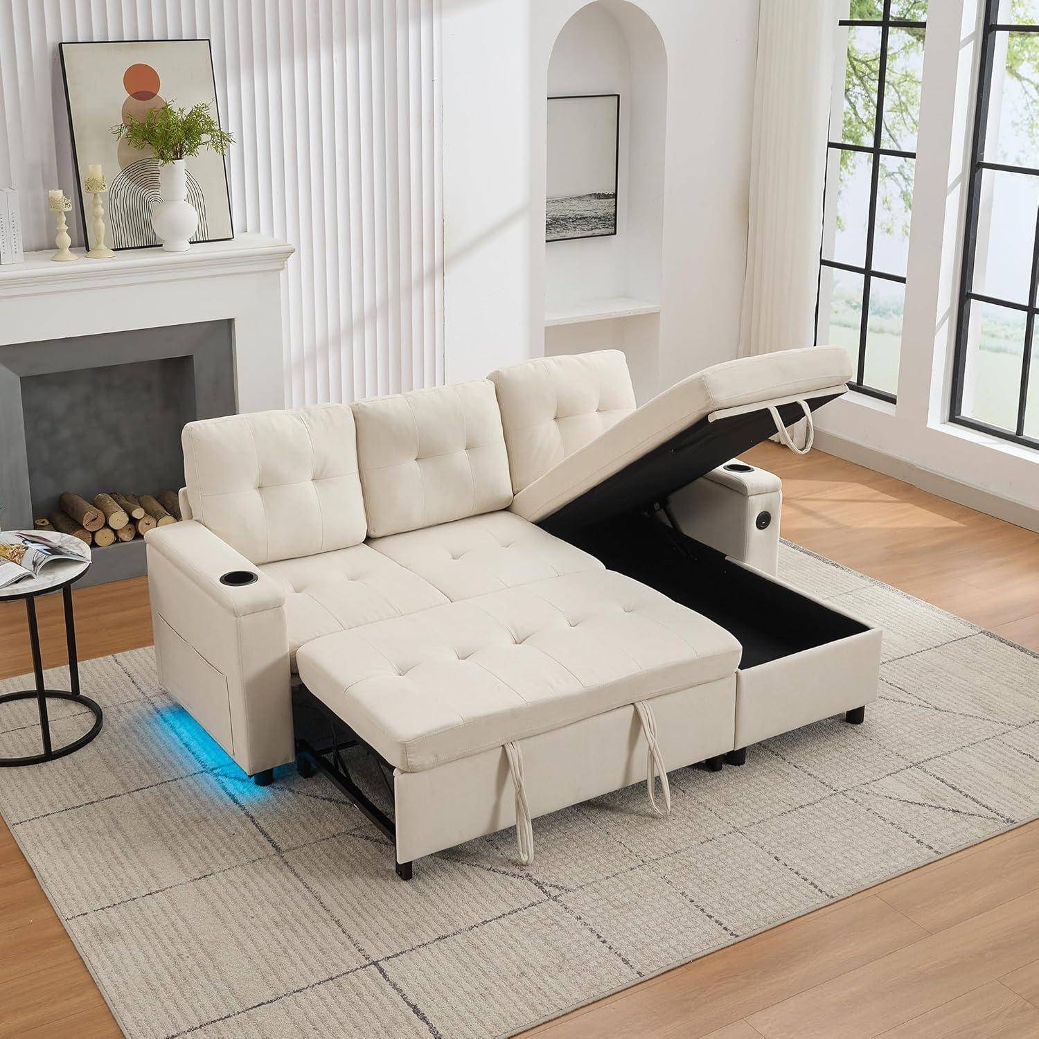3-Sitzer-Sofa, Schlafsofa, L-förmiges Sofa, Klappsofa mit verstecktem Stauraum, LED-Lichtleiste, USB- und Typ-C-Anschlüssen, für Wohnzimmer & Schla