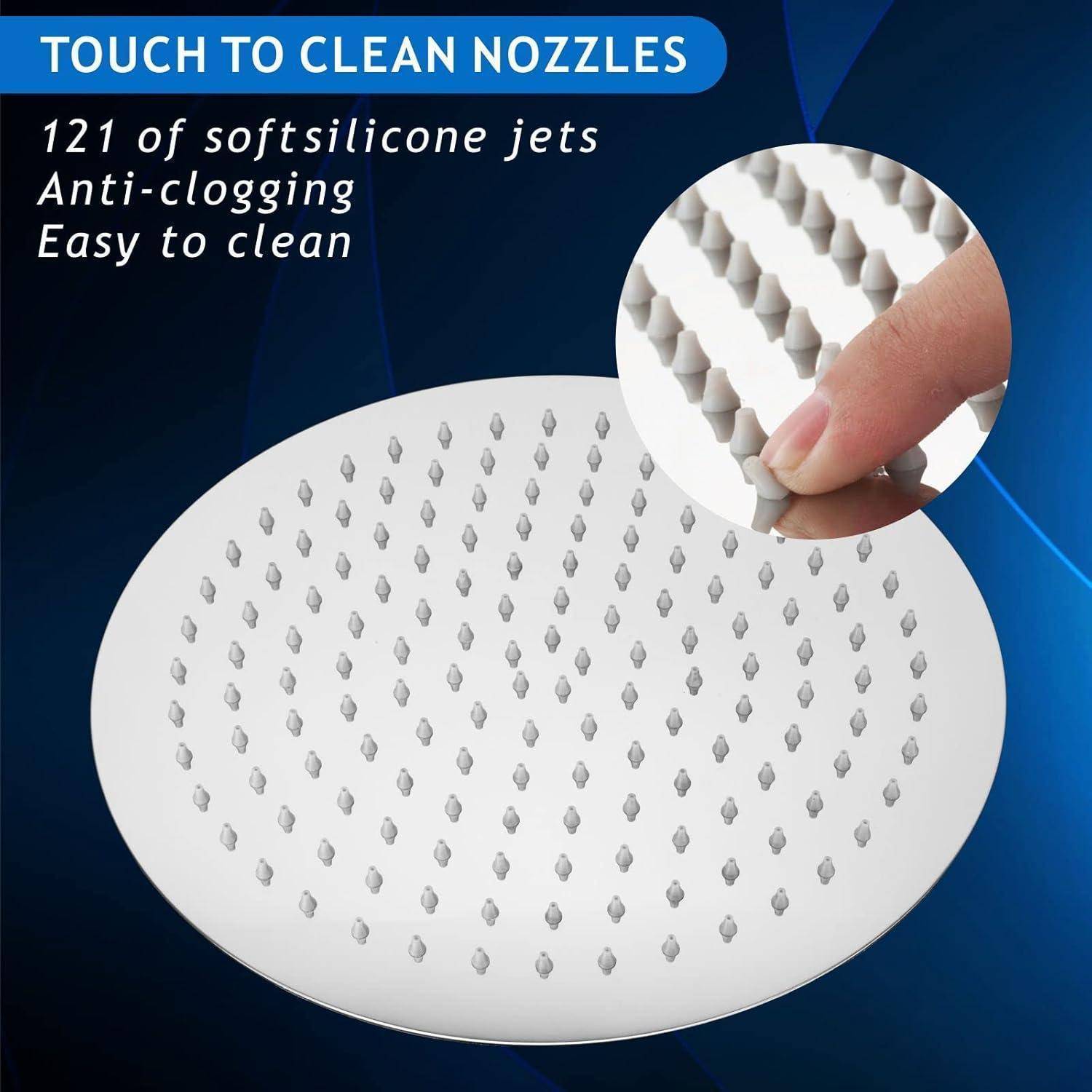 Ovale Duschköpfe mit 121 weichen Silikon-Antiverstopfungsdüsen; Nahaufnahme zeigt leicht zu reinigende Touch-Clean-Düsen.