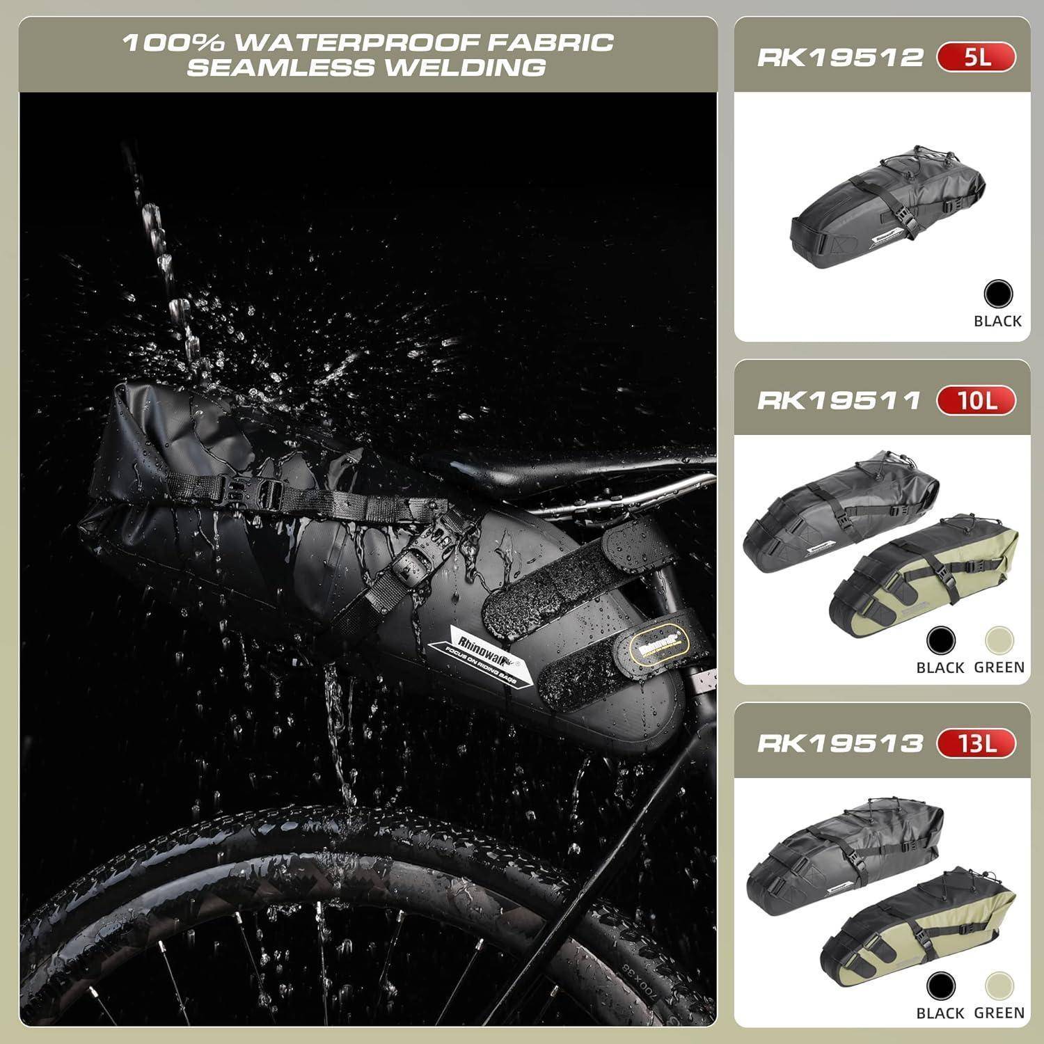 Wasserdichte Fahrradrahmentasche auf einem Fahrrad bei starkem Regen, gekennzeichnet mit „100% wasserdichtem Stoff" und „nahtlose Verschweißung"", erhältlich in den Größen 5L, 10L und 13L.