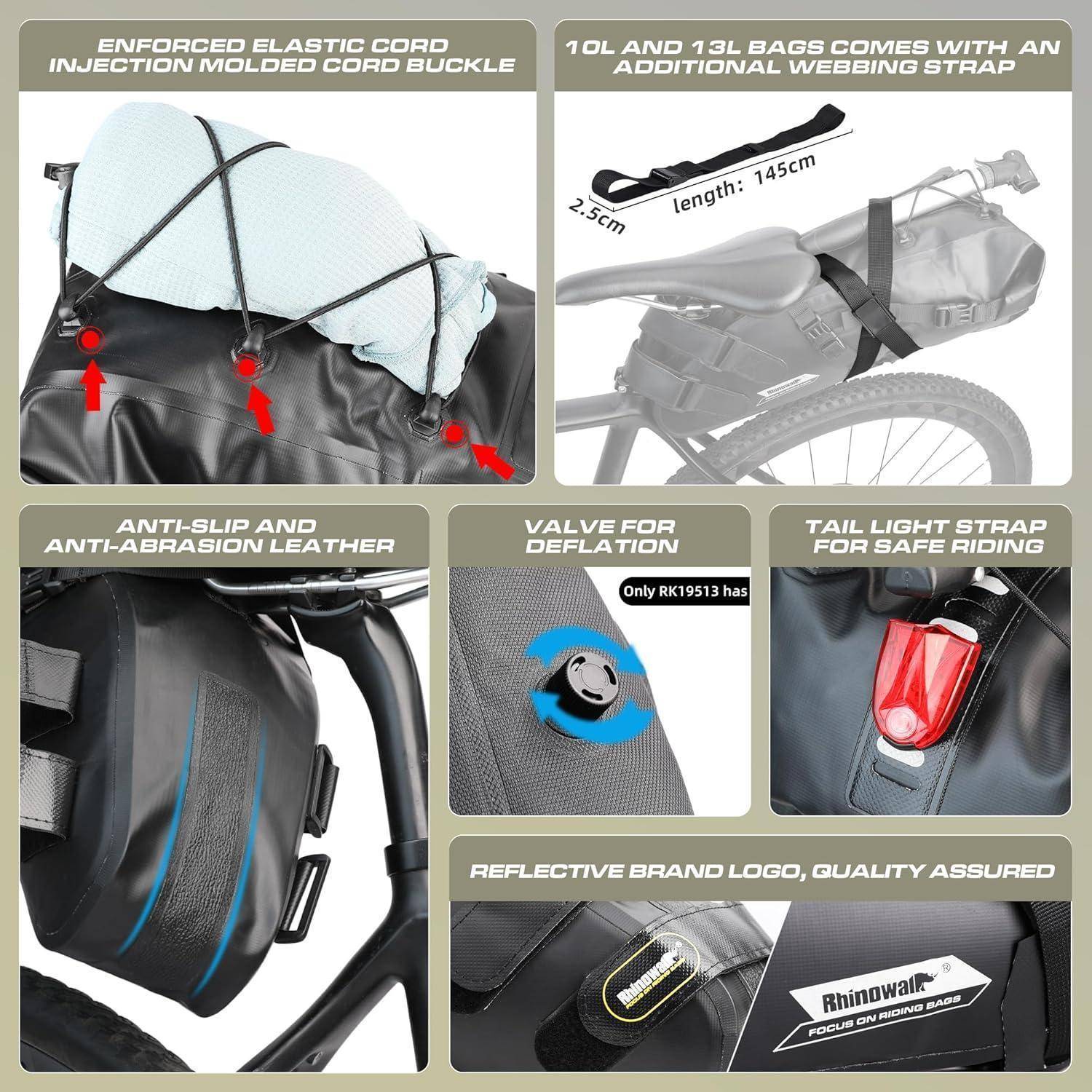 Collage mit Motorrad-Hecktasche-Funktionen: elastische Schnallenkordel, 145 cm Webbing-Riemen für 10L und 13L Taschen, rutschfestes Leder, Ventil zur Aufblasbarkeit, Rücklicht-Riemen, reflektierendes Markenlogo.