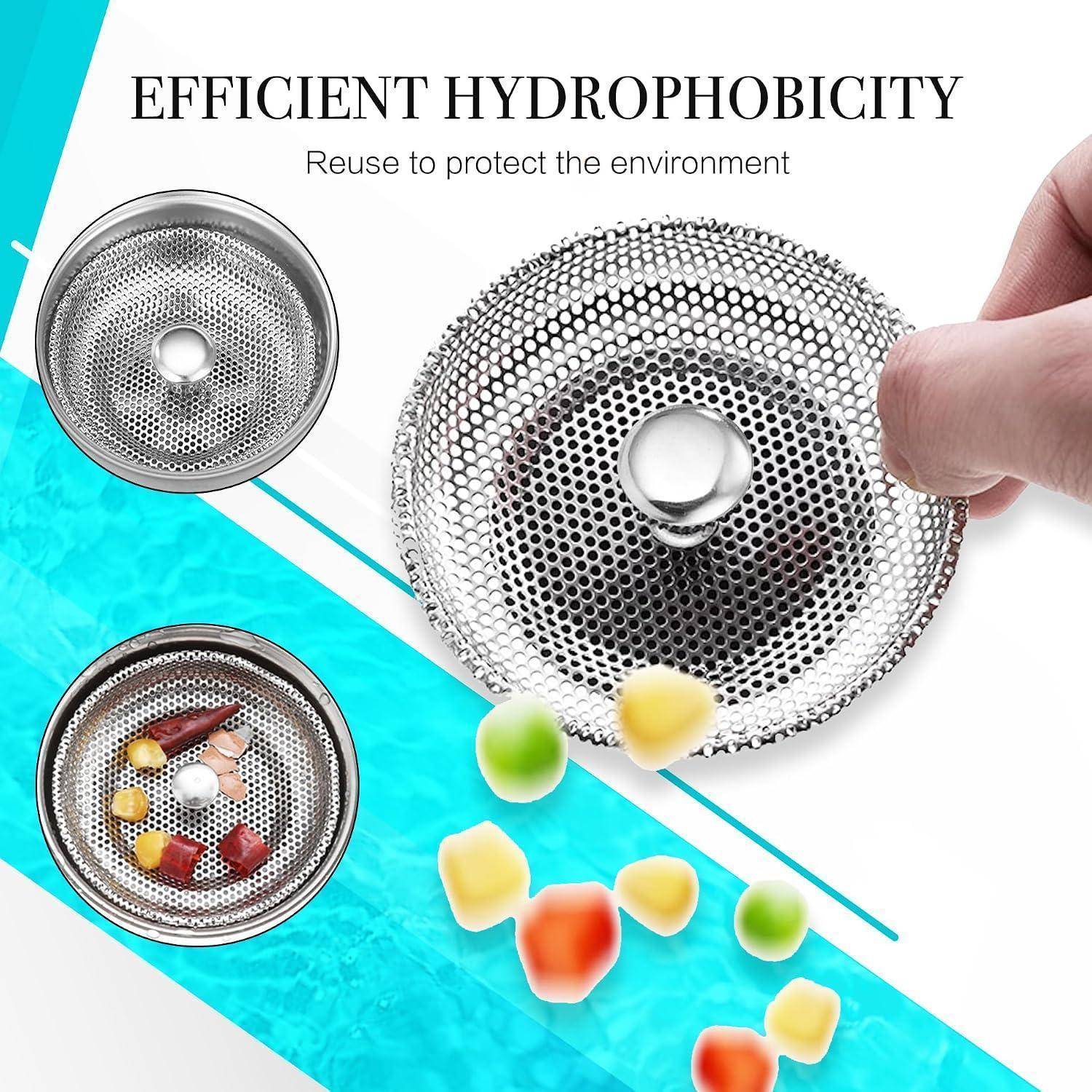 Produktbild eines wiederverwendbaren Edelstahlsieb-Spülsiebs mit der Kennzeichnung „Effiziente Hydrophobie