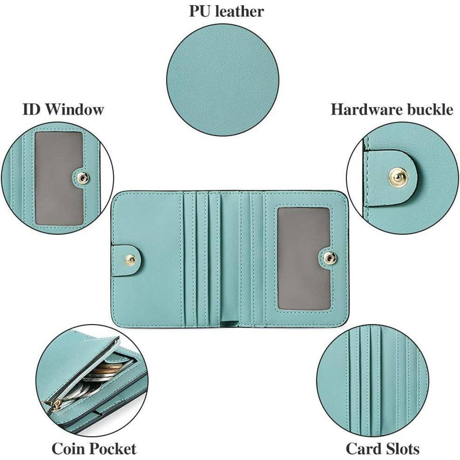Annotiertes Bild einer türkisfarbenen Polyurethan-Ledertasche mit Ausweisfenster, Hardware-Schnalle, Münztasche und Kartenfächern.
