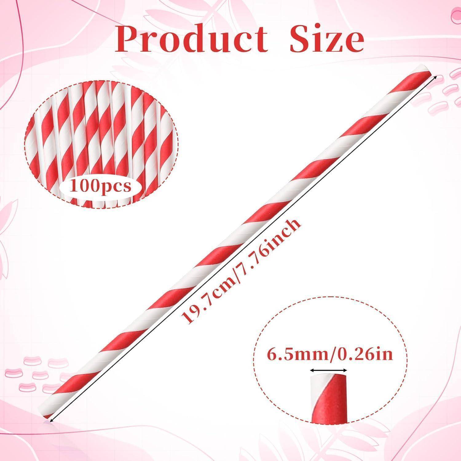 Produktgrößen-Grafik für 100 gestreifte Papierstrohhalme, zeigt Länge 19,7 cm/7,76 in und Durchmesser 6,5 mm/0,26 in.