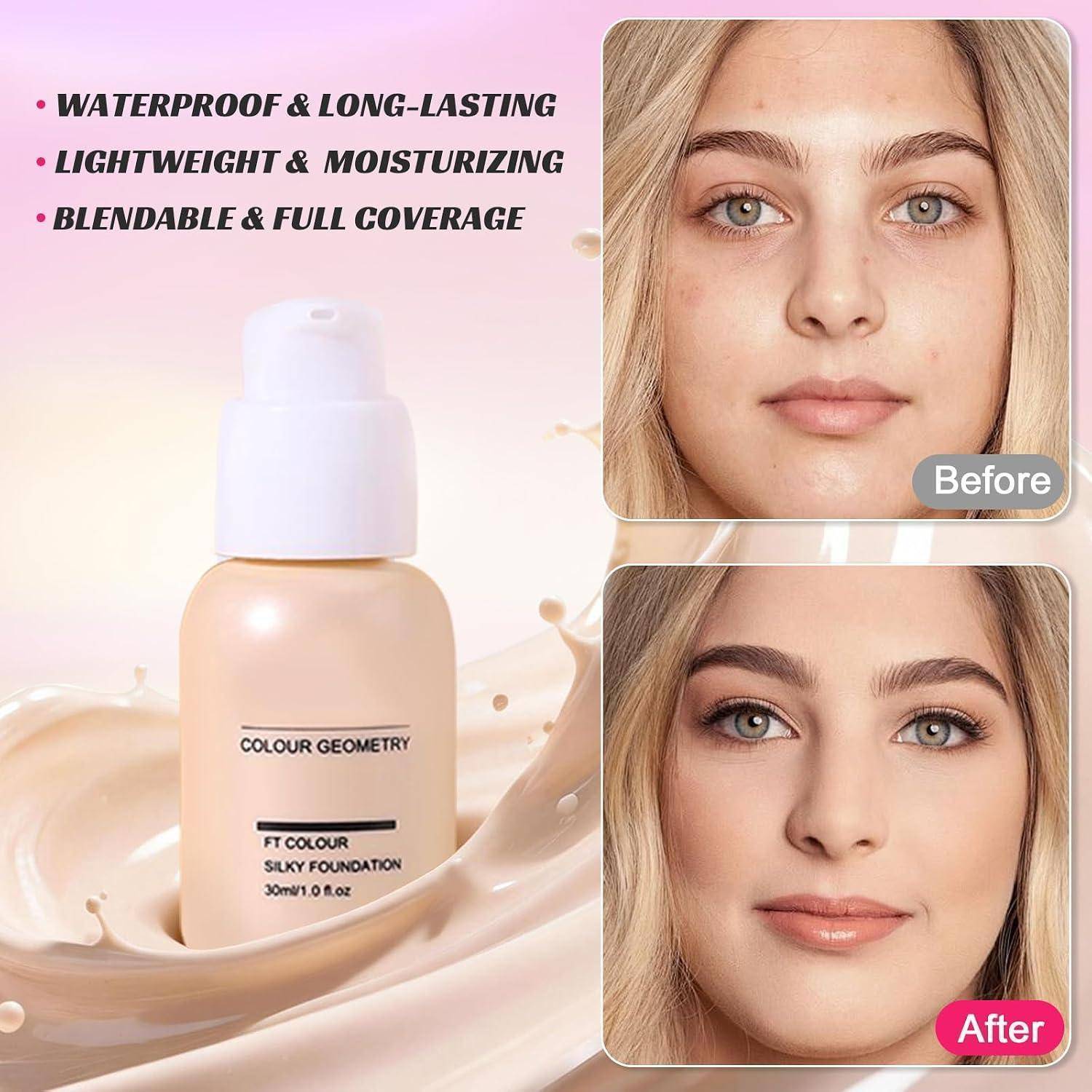 Anzeige für Colour Geometry Seide Foundation Flasche mit den Aussagen „wasserfest & langanhaltend", „leicht & feuchtigkeitsspendend"" und „mischbar & vollständige Abdeckung"", mit Vorher-Nachher-Gesichtsmake-up-Ergebnissen.