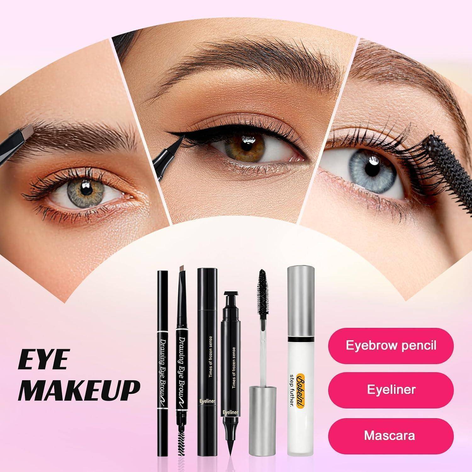 Augenmake-up-Anzeige mit drei Nahaufnahmen von Augen mit Augenbrauenstift, Eyeliner und Mascara; die Beschriftungen lauten „Augenbrauenstift", „Eyeliner"" und „Mascara"".
