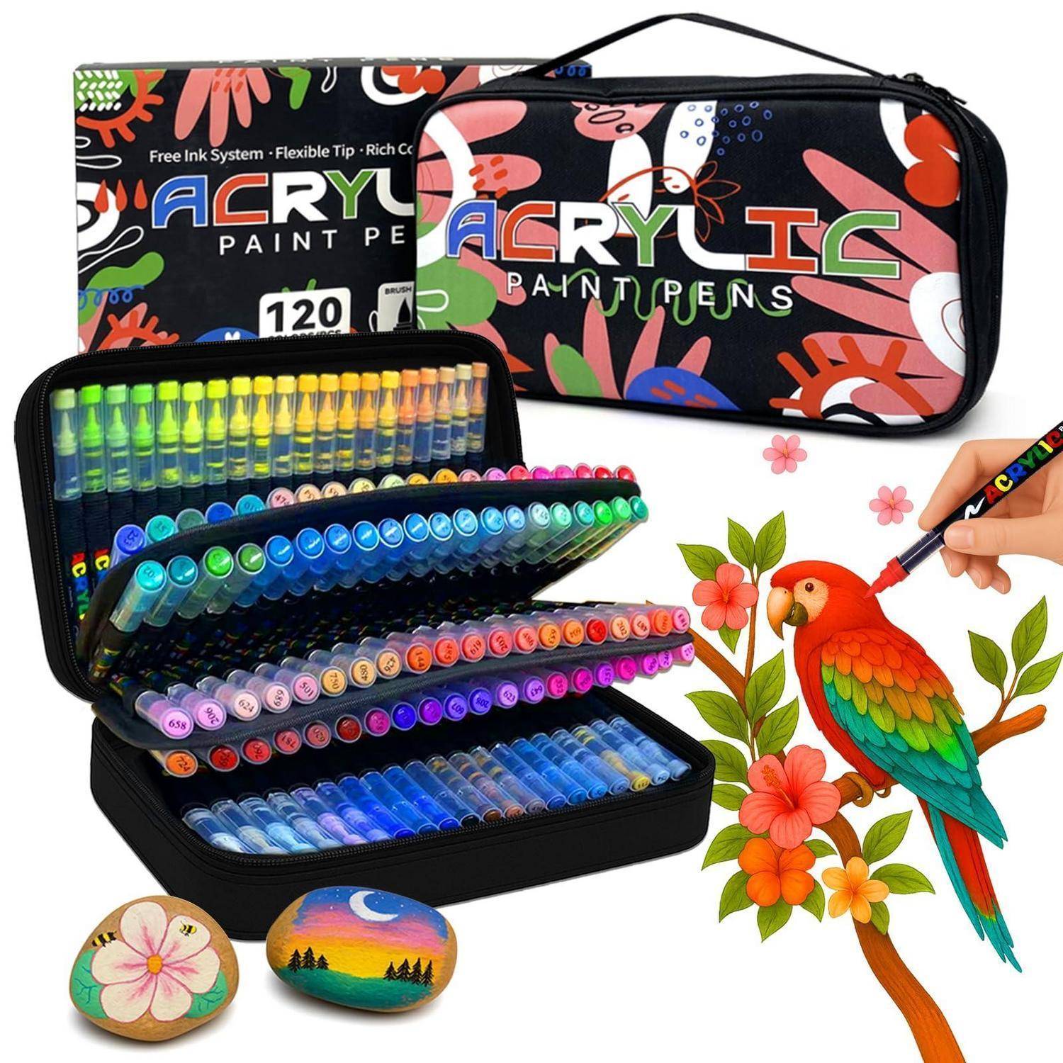 Ein 120er-Set von Acrylmalstiften in einem Reißverschlusskoffer, gezeigt mit einer Hand, die eine Papageiendarstellung auf Blüten koloriert.