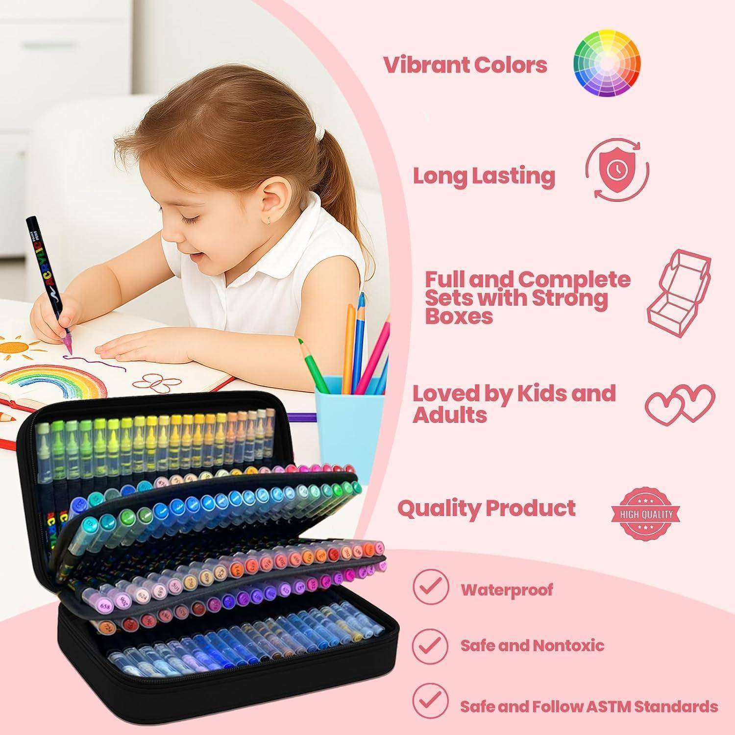 Werbebild eines Kindes, das mit einem großen Markerset in einem Behälter färbt, mit Text, der lebendige Farben, lange Haltbarkeit, komplette Sets, beliebt bei Kindern und Erwachsenen, wasserfest und sicher sowie ungiftig hervorhebt.