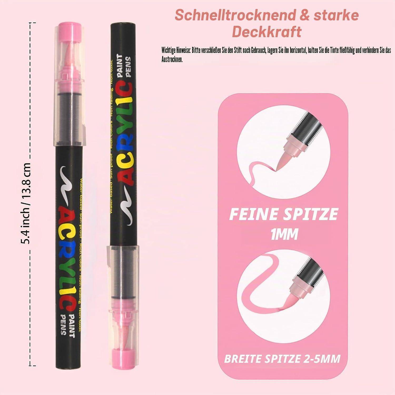 Rosa Acrylfarb-Marker, dargestellt mit Kappen an beiden Enden, beworben als schnelltrocknend mit starker Deckkraft und feinen 1 mm sowie breiten 2-5 mm Spitzen.