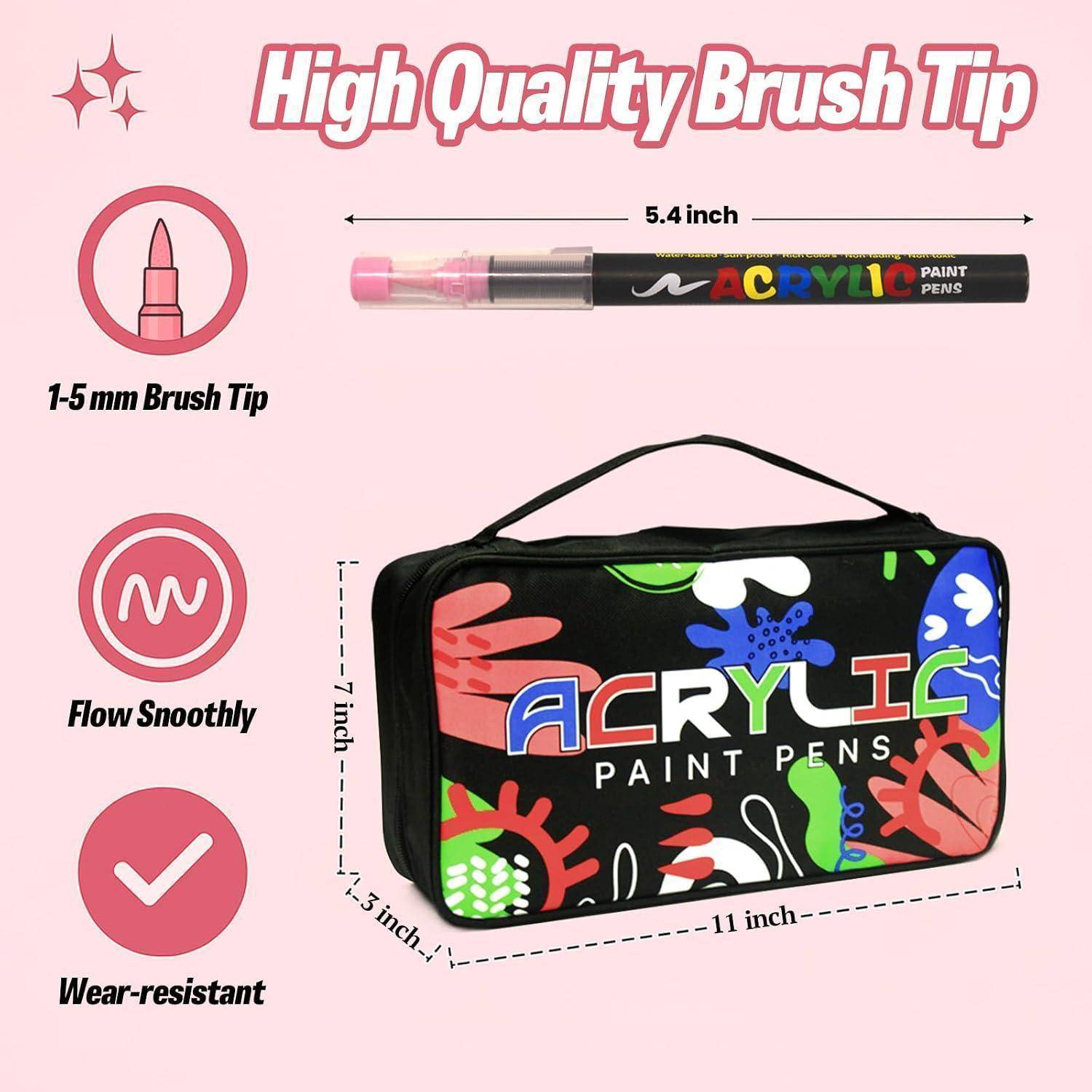 Werbegrafik für Acrylfarb-Stifte mit 1-5 mm Pinselspitze, sanfter Fluss und Verschleißfestigkeit, plus 5,4 Zoll Stift und 11 x 7 x 7,3 Zoll Transporttasche.