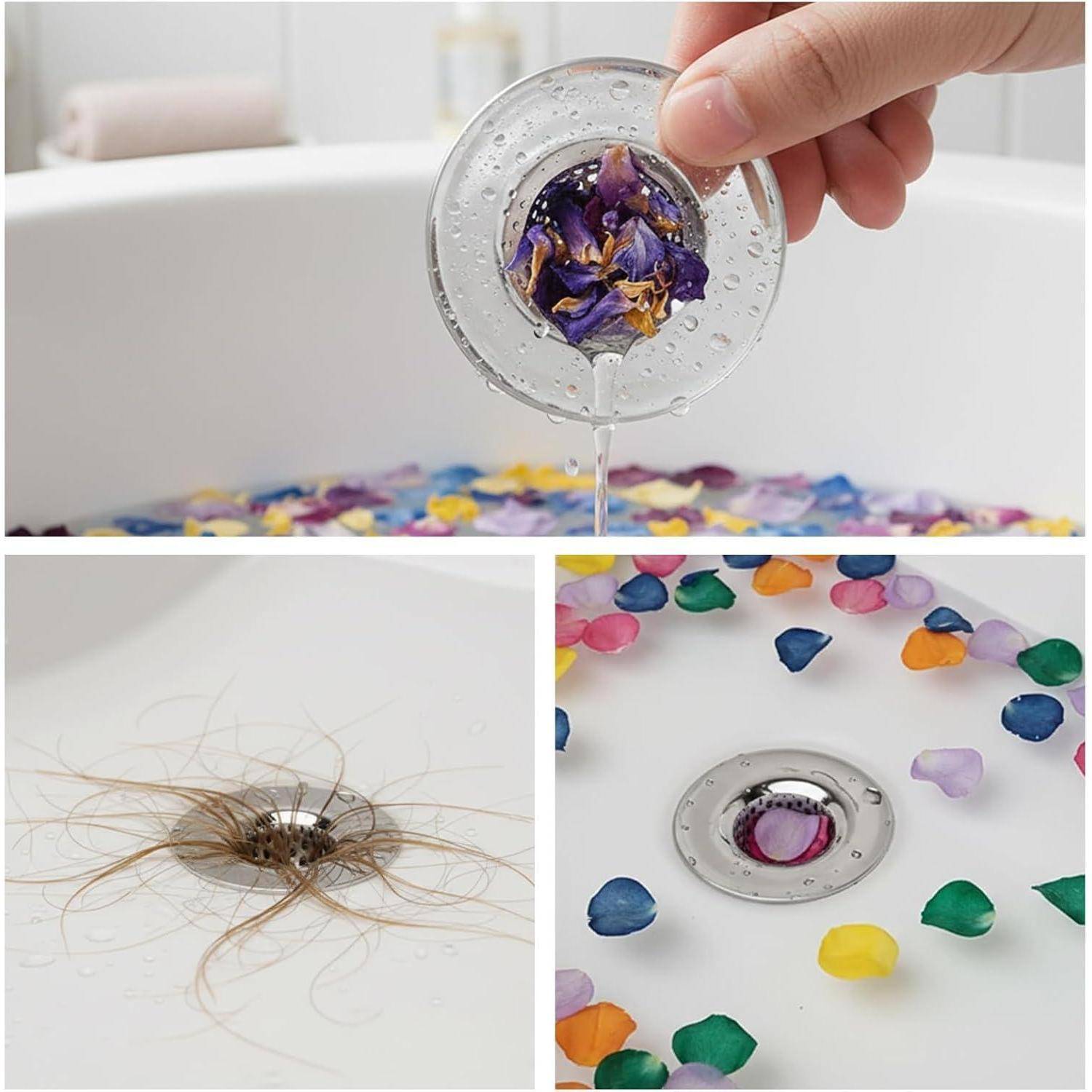 Collage zeigt Reinigung des Badewannenentwässerungsablaufs: eine Hand, die einen Abflussdeckel mit Blütenblättern verwendet, ein verstopfter Abfluss mit Haaren und ein klarer Abfluss umgeben von farbigen, blütenblattförmigen Teilen.