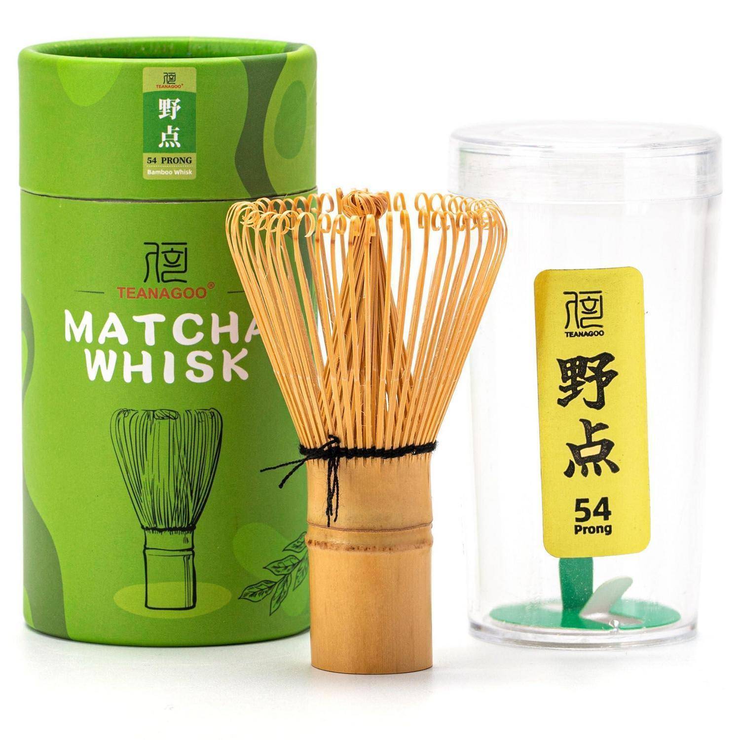 Satz aus 54-zinkigen Matcha-Besen in grüner Schachtel, Bambusbesen und durchsichtiger Aufbewahrungsröhre mit der Beschriftung „54 Prong