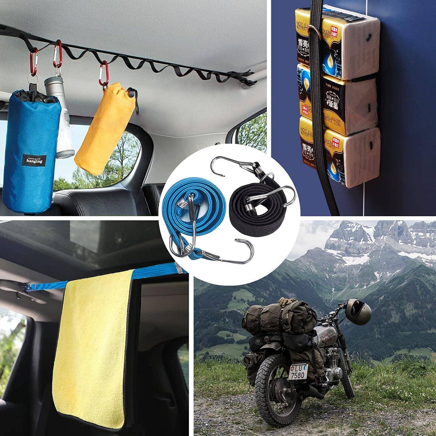 Collage mit verstellbaren Spanngurten und Gurten, die Ausrüstung in einem Auto und auf einem Motorrad halten, mit blau und schwarz aufgerollten Gurten in der Mitte abgebildet.