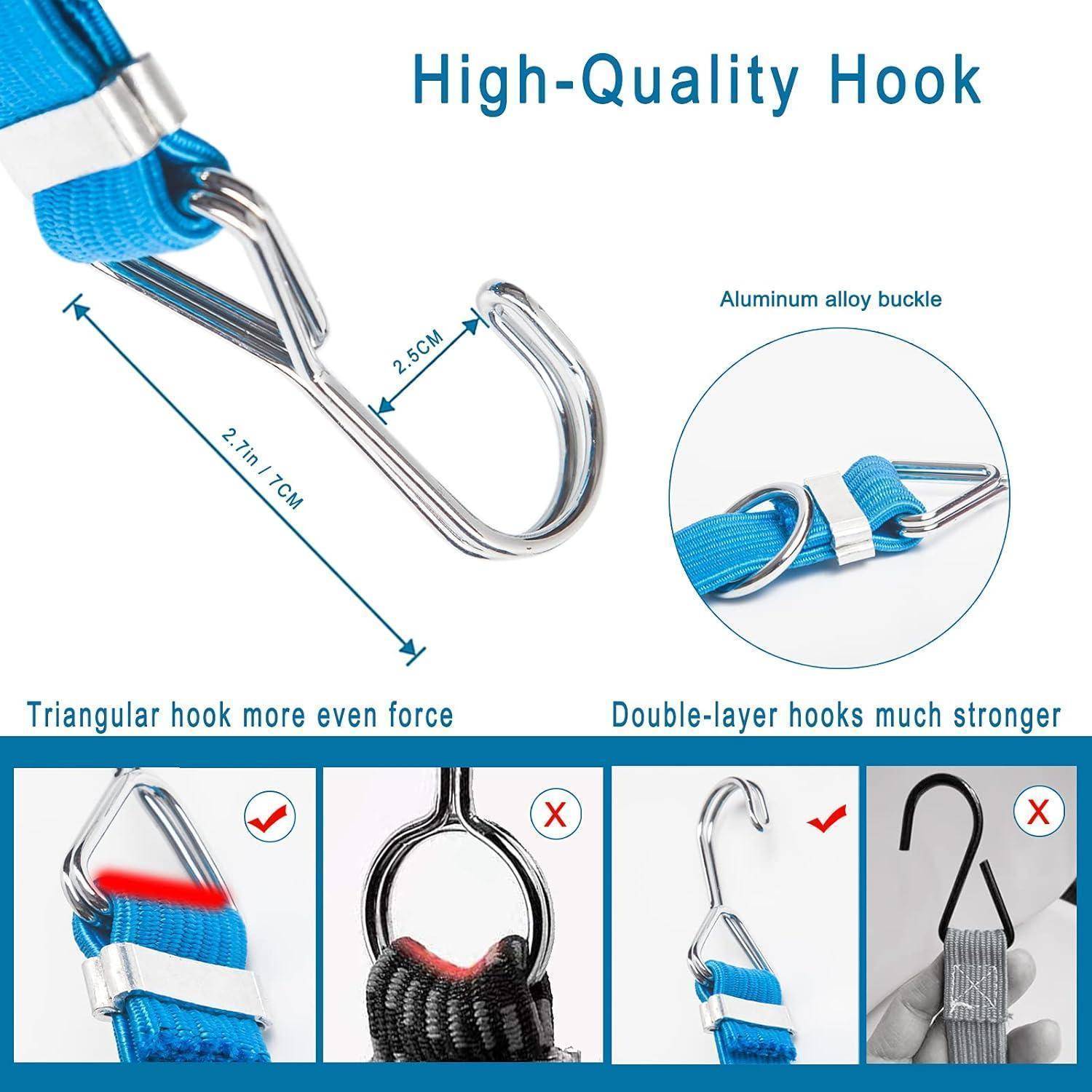 Produktdiagramm eines blauen Riemens mit metallischen Haken und Schnalle, beschriftet mit „Hochwertige Hakenkonstruktion