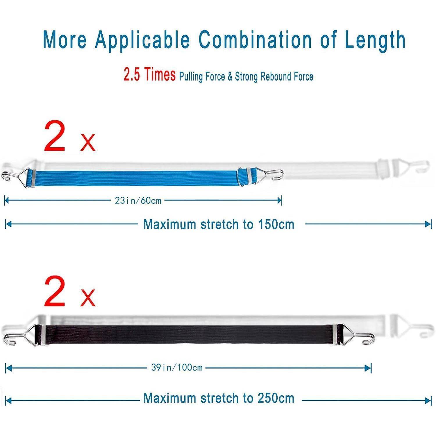 Produktgrafik zum Vergleich von zwei Spanngurten: 2x 23 Zoll/60 cm dehnt sich auf 150 cm und 2x 39 Zoll/100 cm dehnt sich auf 250 cm, gekennzeichnet mit „Mehr anwendbare Längenkombination