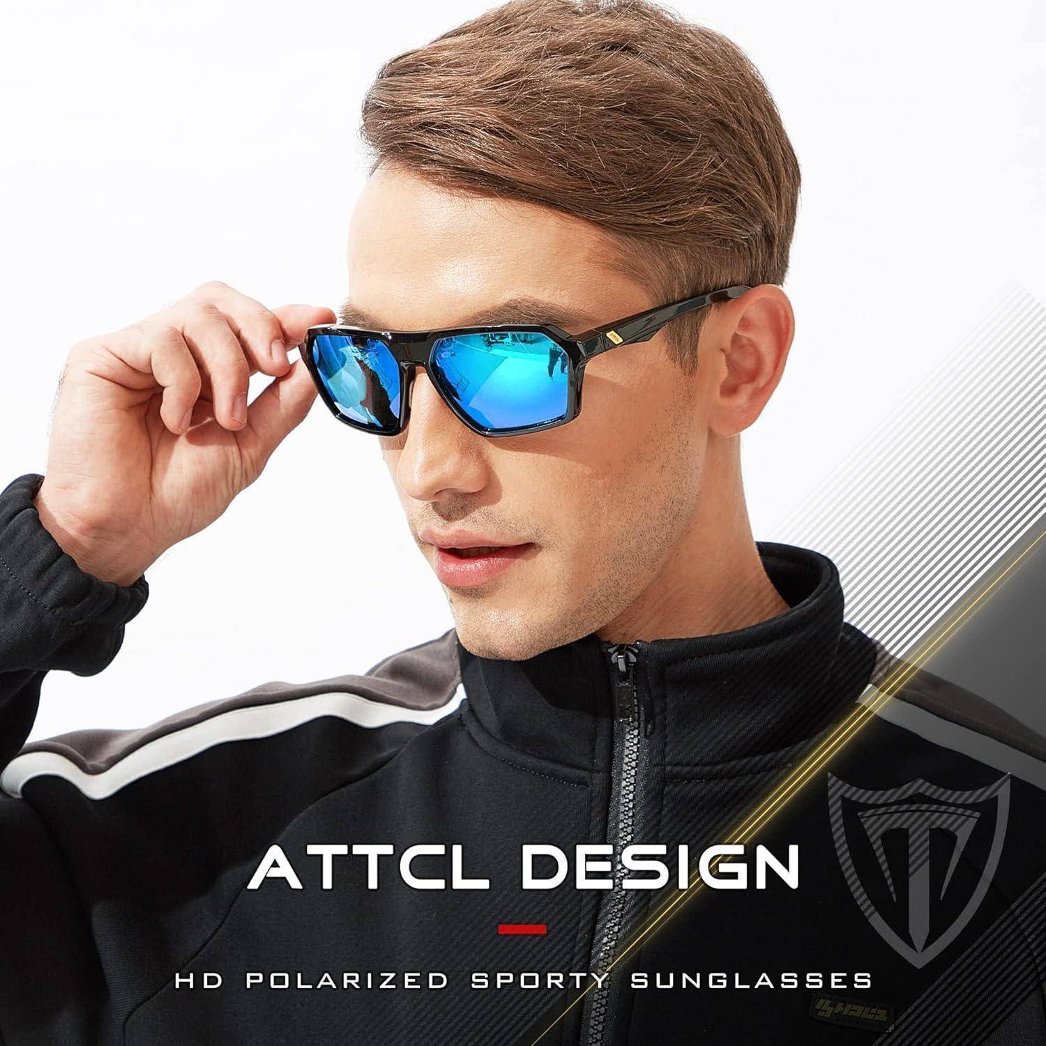 Mann mit blauen verspiegelten sportlichen Sonnenbrillen und schwarzer Jacke, mit Produkttext „ATTCL DESIGN" und „HD POLARISIERTE SPORTLICHE SONNENBRILLEN"".