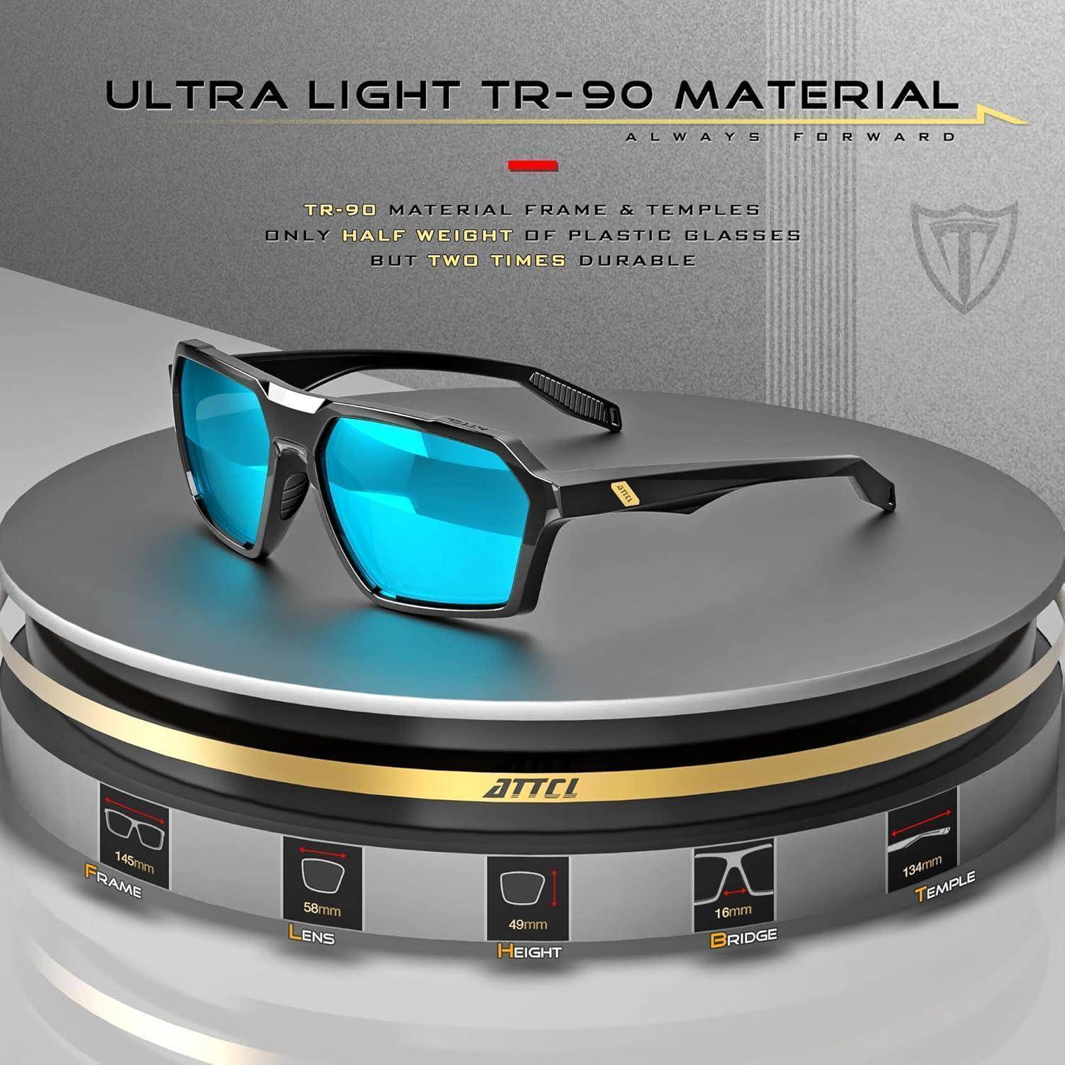 Werbegrafik mit schwarzen Sportsonnenbrille mit blauen Gläsern auf einer rotierenden Anzeige mit dem Titel „ULTRA LEICHTES TR-90-MATERIAL", das leichte, langlebige TR-90-Rahmendetails und Messungen hervorhebt.