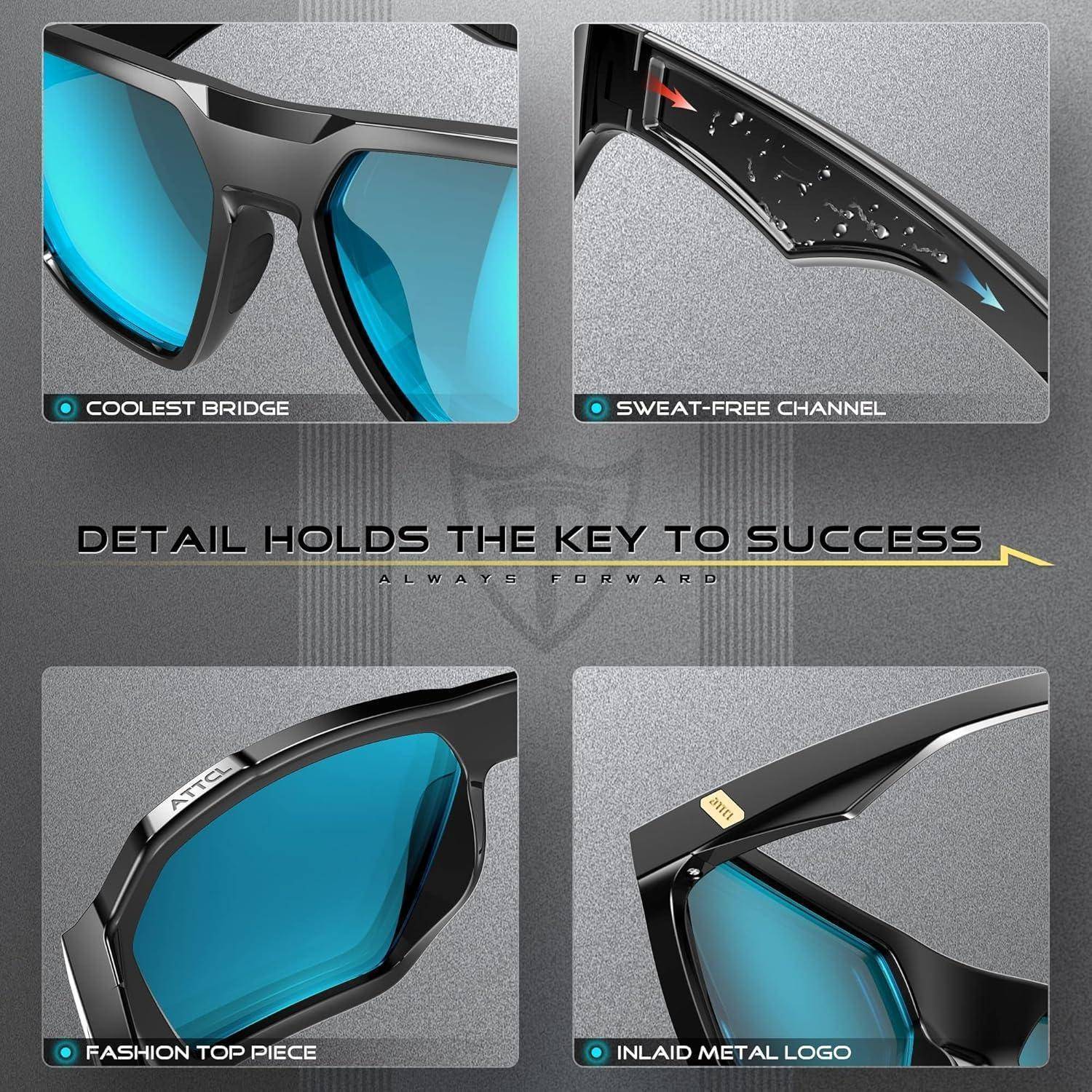 Werbegrafik von schwarzen Sportsonnenbrille mit Hervorhebung von „Coolste Brücke", „Schweißfreier Kanal"", „Modisches Oberteilelement"" und „Eingelassenes Metalllogo"" mit dem Slogan „Das Detail ist der Schlüssel zum Erfolg."