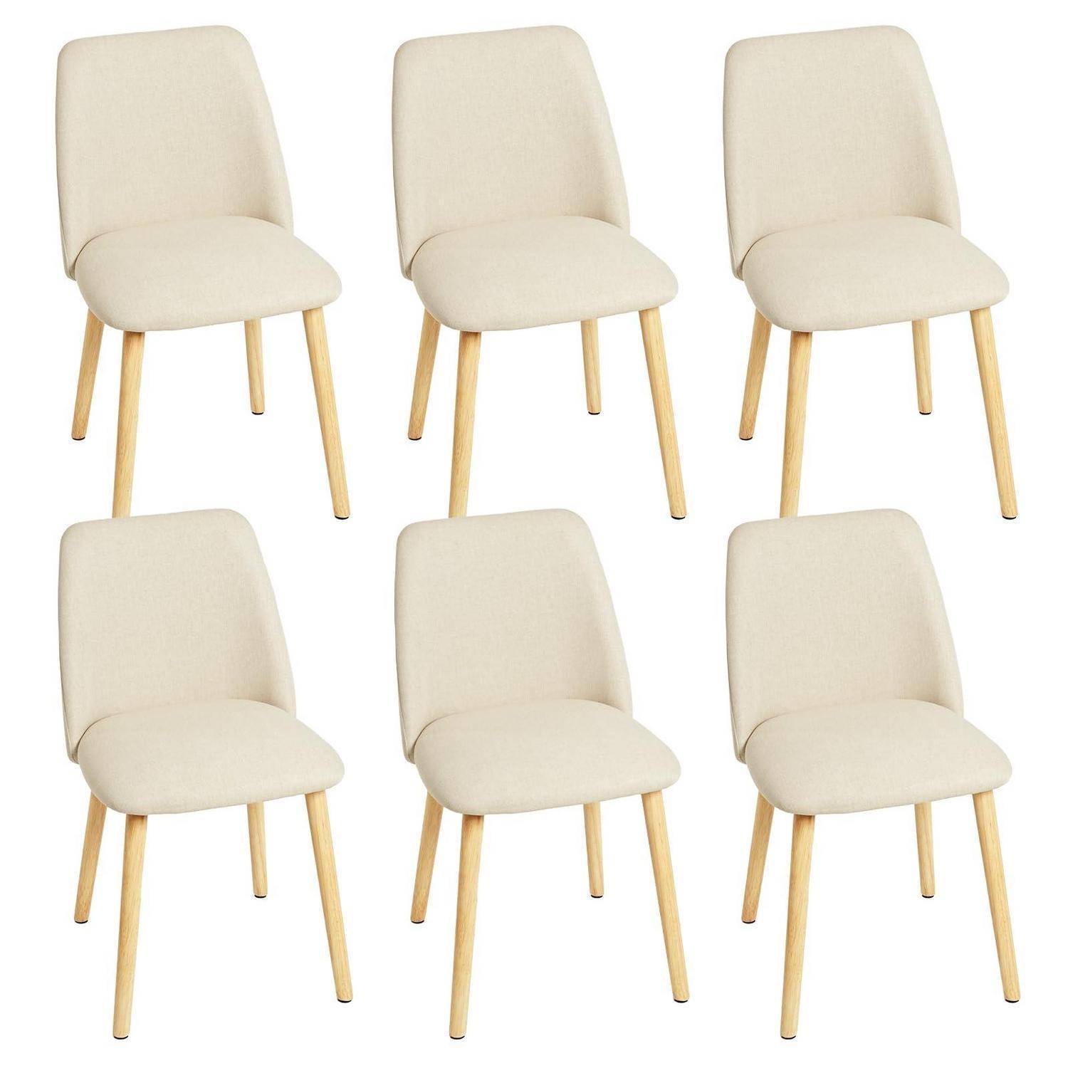 Sechs beige gepolsterte Esszimmerstühle mit hellen Holzbeinen, angeordnet in zwei Reihen zu je drei auf weißem Hintergrund.