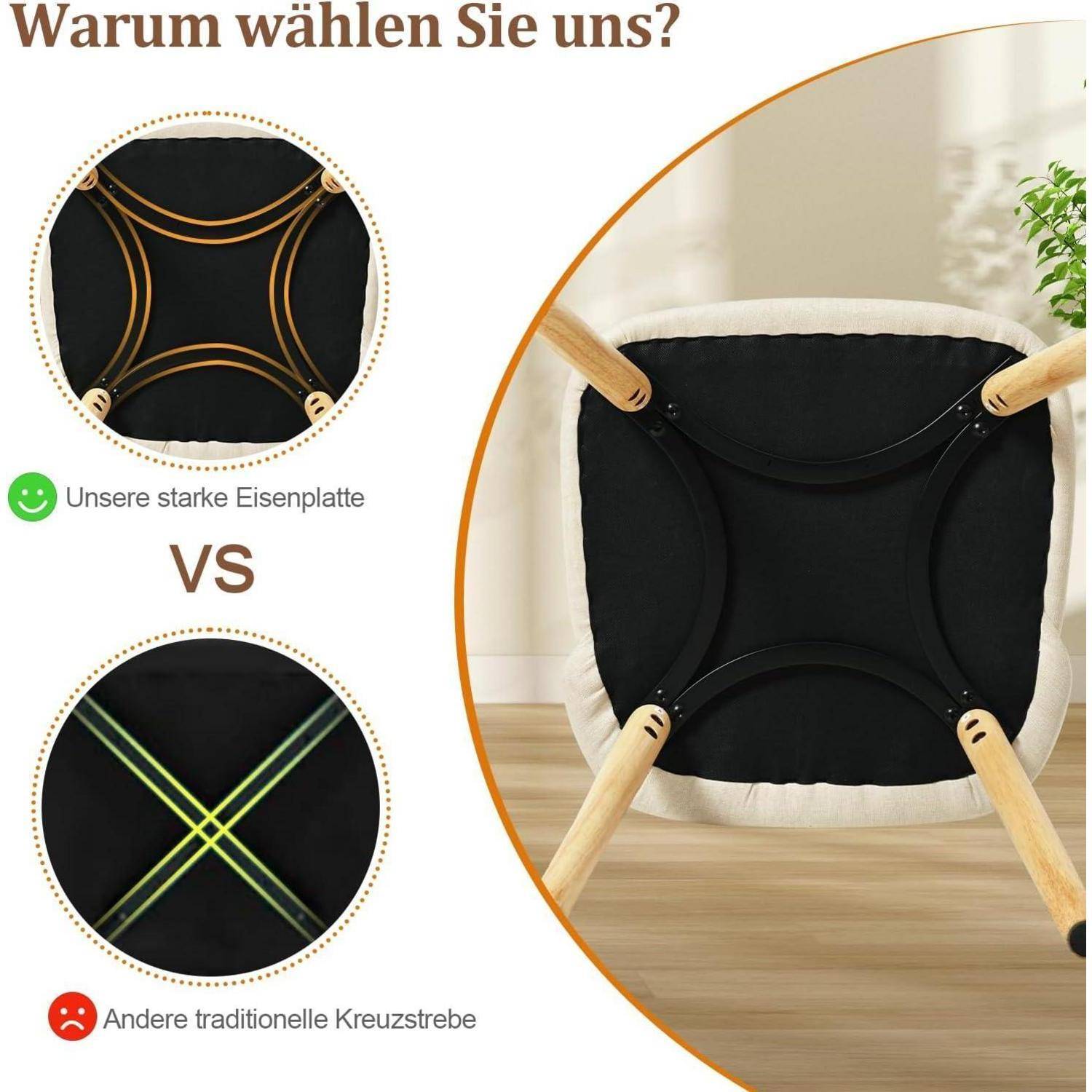 Vergleichsgrafik: "Warum wählen Sie uns?"" zeigt eine robuste Eisenplatte gegenüber traditionellen Querstreben, mit einer Nahaufnahme der Stuhlunterseite auf der rechten Seite.