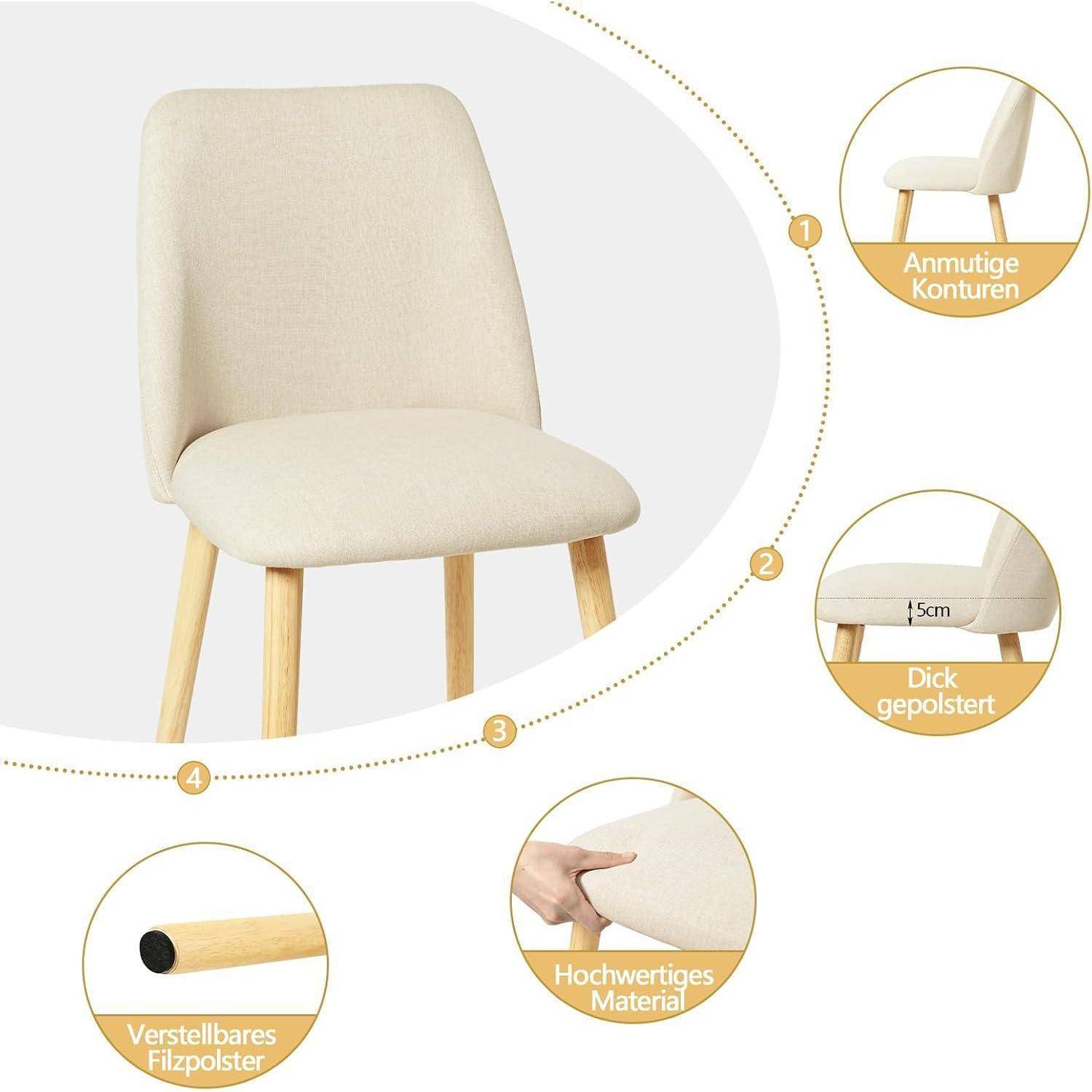Beige gepolsterter Esszimmerstuhl mit Holzbeinen, gezeigt mit Merkmalsbeschriftungen: schlanke Konturen, 15 cm dicke Polsterung, verstellbare Fußgleiter und hochwertige Materialien.