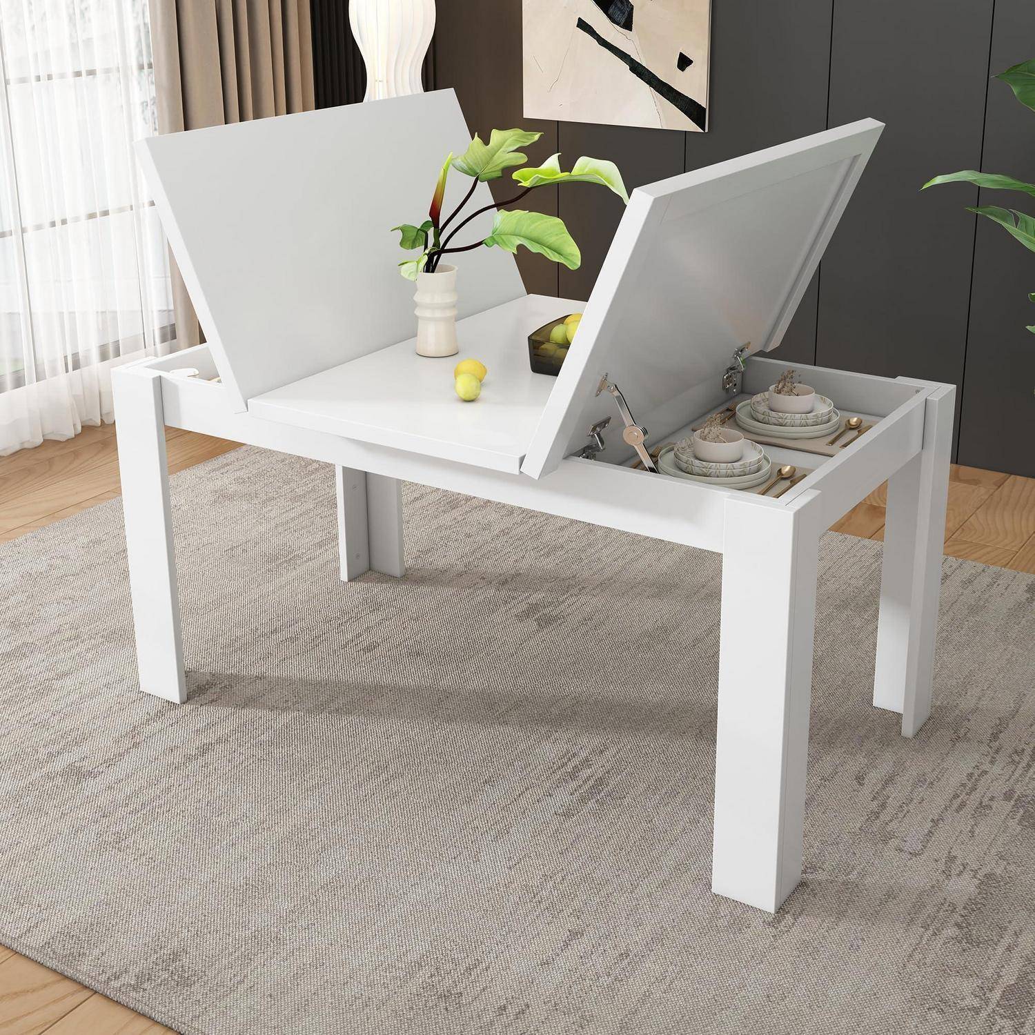 Esstisch 120 * 70cm, mit Stauraum, Rechteckiger, Kaffee-Freizeittisch, Moderner einfacher, Offener Stauraum, Platzsparend, Multifunktionaler, Weiß