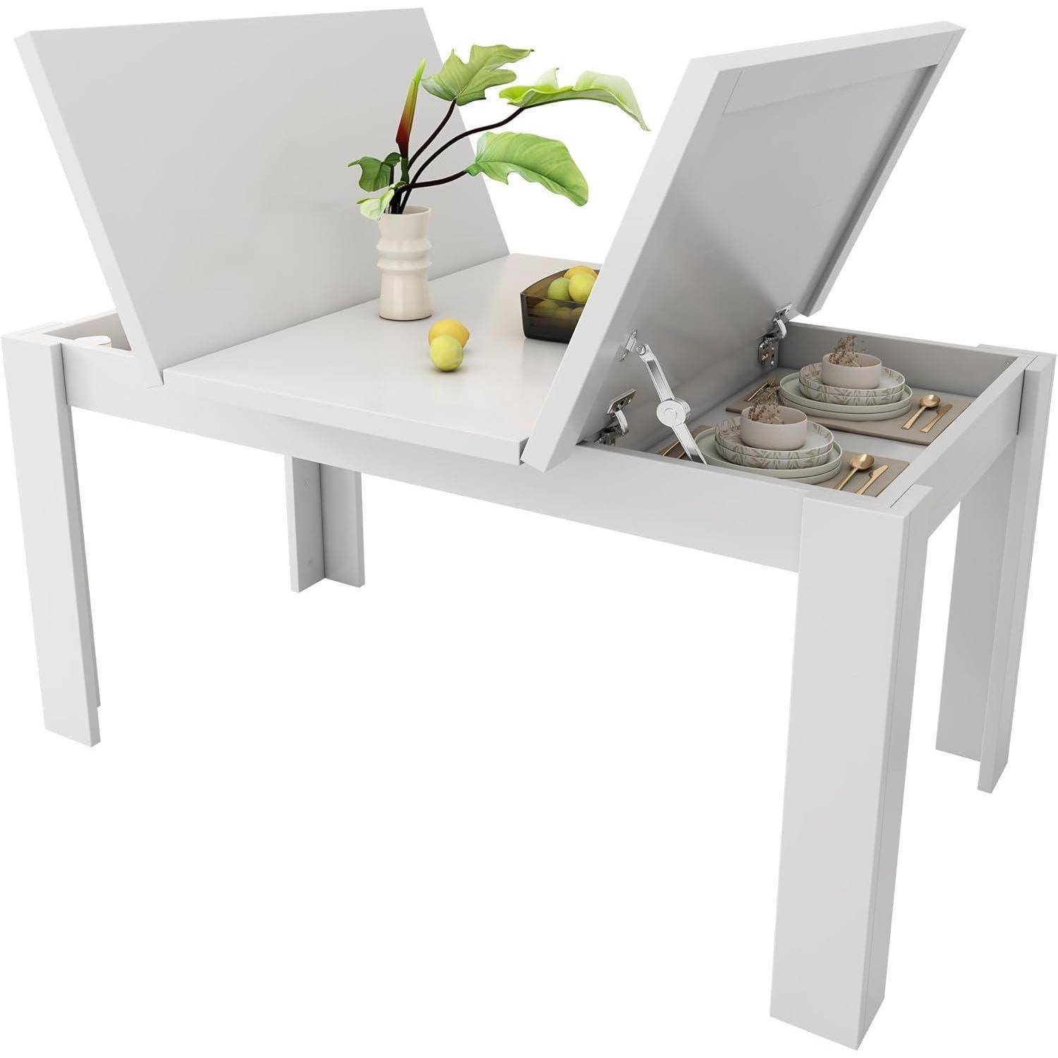 Esstisch 120 * 70cm, mit Stauraum, Rechteckiger, Kaffee-Freizeittisch, Moderner einfacher, Offener Stauraum, Platzsparend, Multifunktionaler, Weiß
