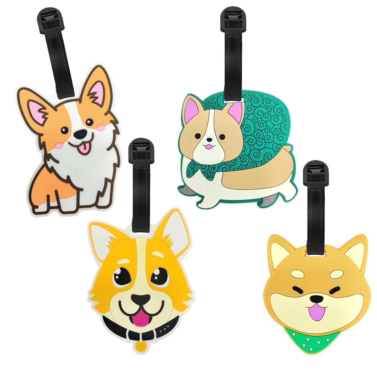 Vier bunte Cartoon-Hunde-Kofferanhänger mit schwarzen Riemen, jeder mit einem anderen Corgi-ähnlichen Hundegesicht oder einer vollständigen Körperfigur auf weißem Hintergrund.
