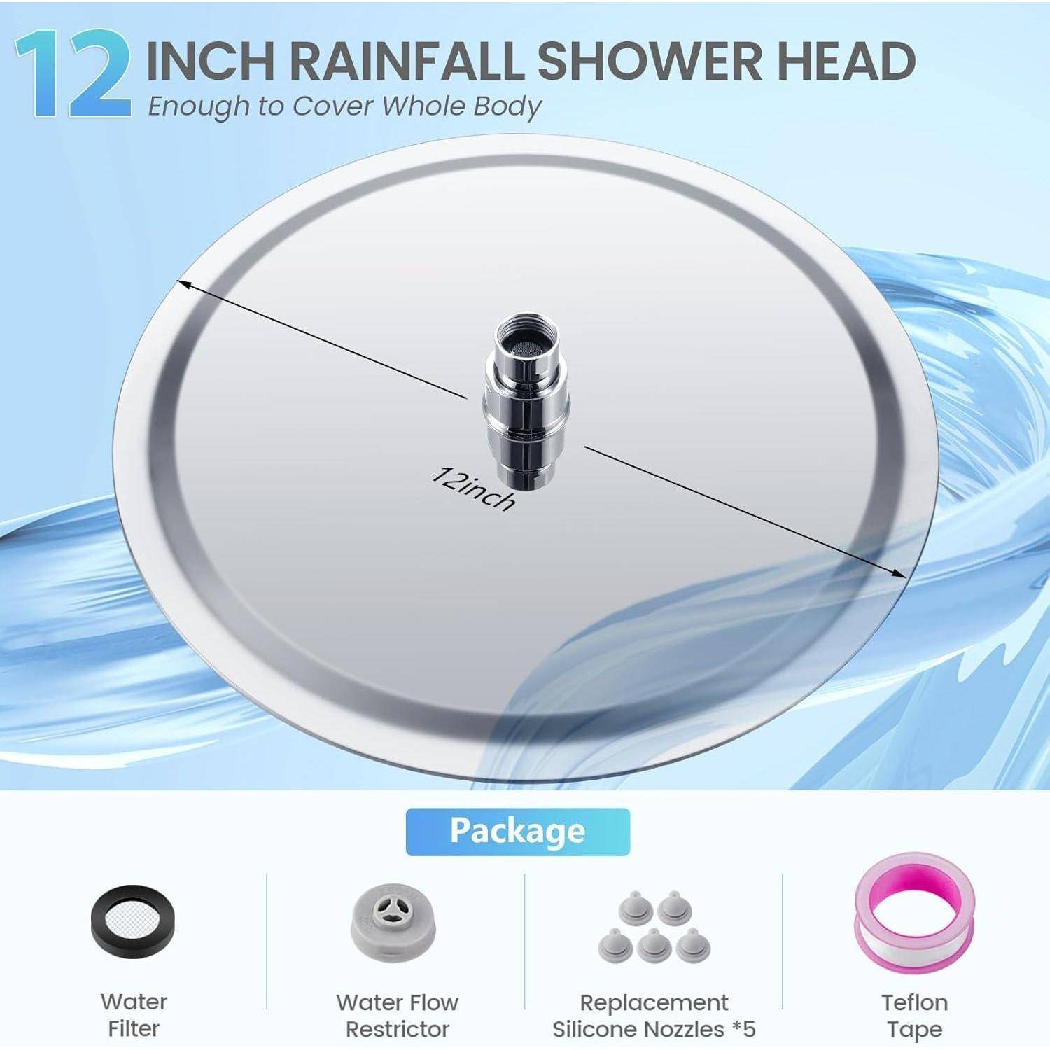 30CM Rund Regendusche Duschkopf Chrom, 12 Zoll Wasserfall Duschkopf Wassersparend, Ganzmetall-Edelstahl 304, Decken Regenduschköpfe mit 120