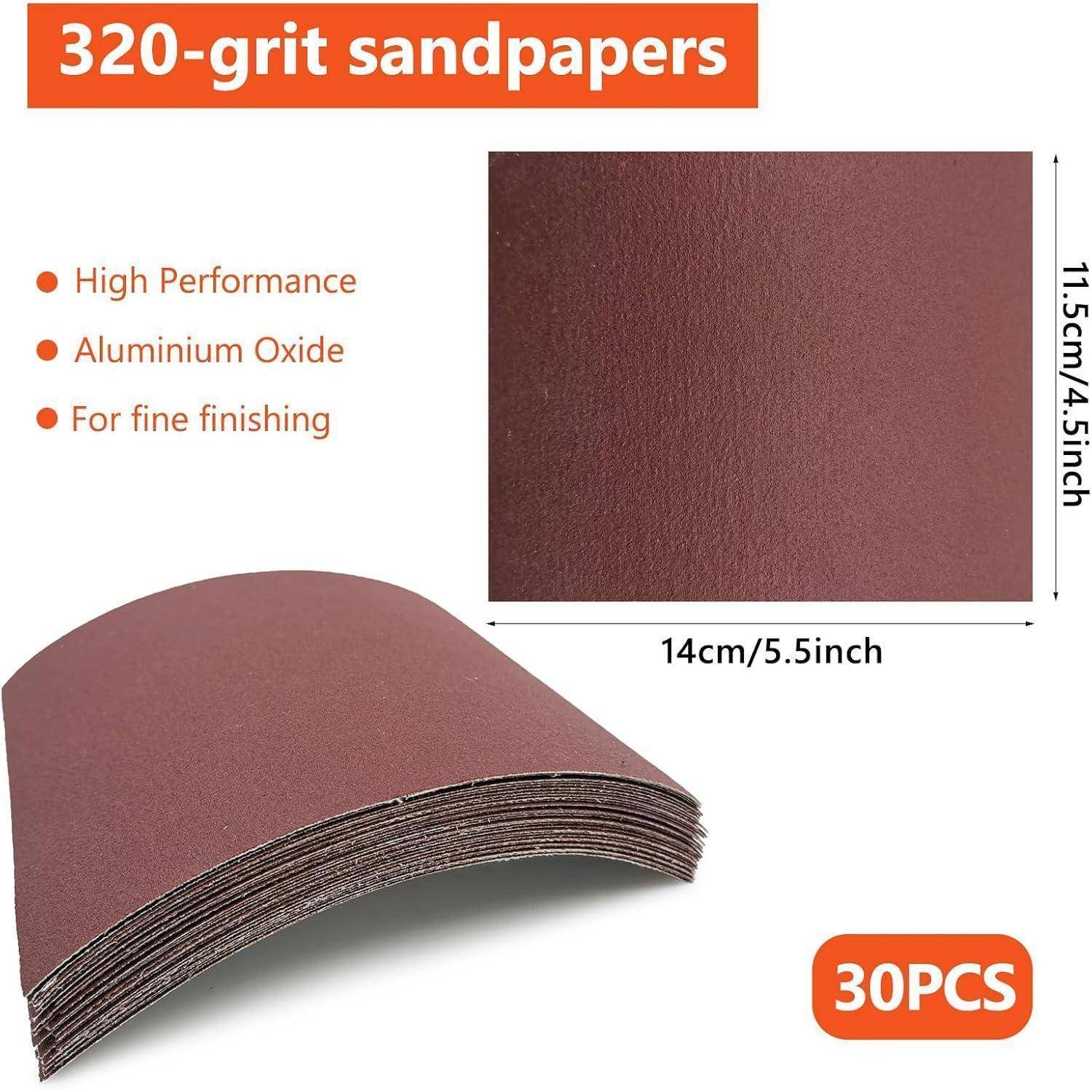 Produktbild von Schleifpapieren mit 320er Körnung: hochleistungs-Aluminiumoxid-Blätter für Feinschliff, Größe 14 cm x 11,5 cm, 30 Stück.