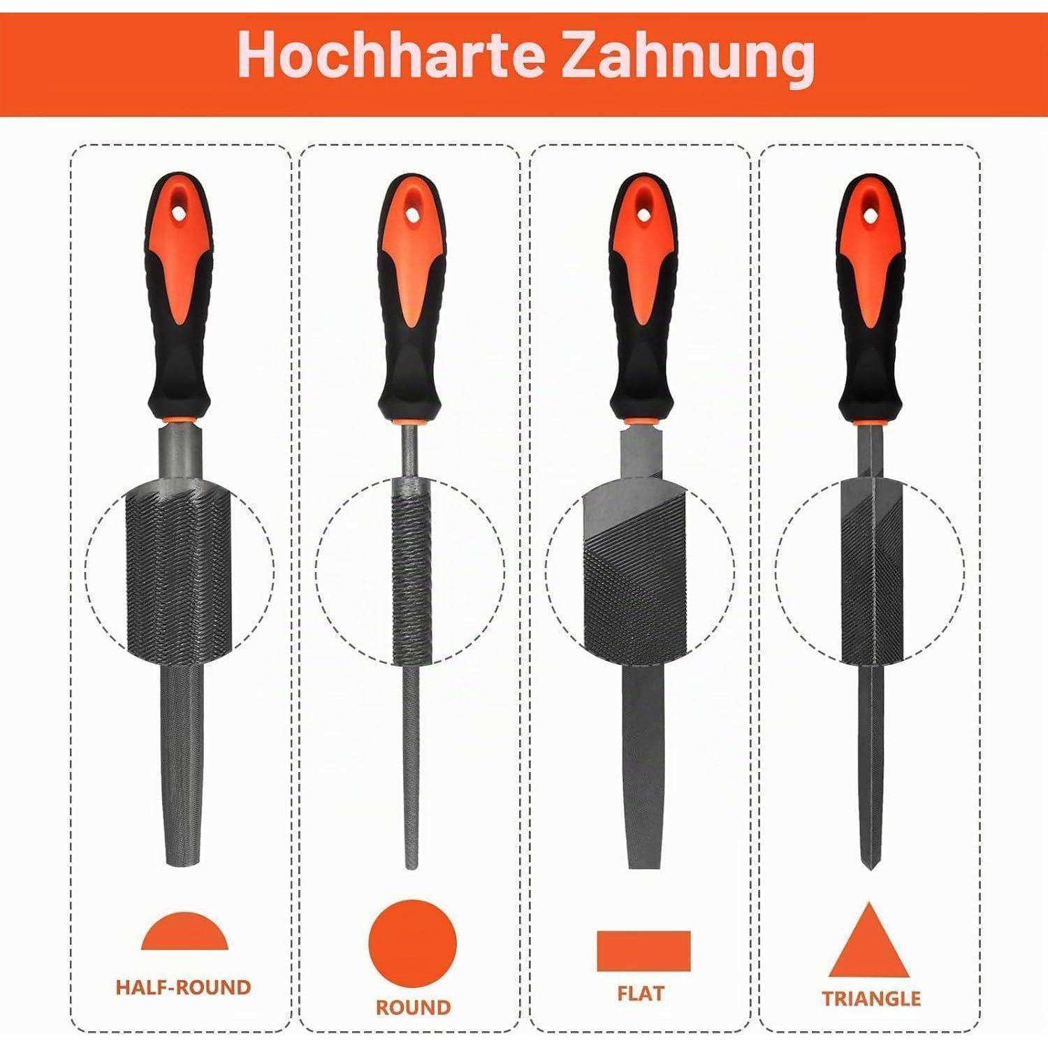 Diagramm mit vier Feilen mit den Beschriftungen „HALBRUNDFEIL", „RUNDFEIL"", „FLACHFEIL"" und „DREIECKSFEIL"" unter dem Titel „Hochharte Zahnung"".