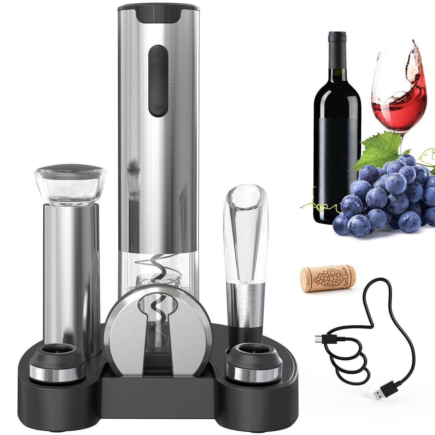 Elektrisches Weinöffner-Set mit Folienschneider, Belüfter, Tropfring, zwei Verschlüssen, USB-Ladekabel und Weinflasche mit Glas, Traubenkranz und Korkenzieher-Spiralen-Mittelstück.