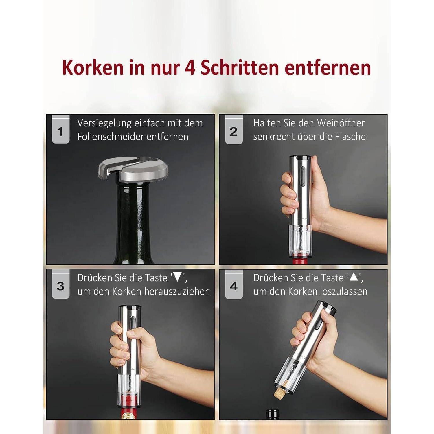 Deutschsprachige Infografik zum Entfernen eines Korkens in 4 Schritten mit einem Korkenzieher: Kapsel durchschneiden, Korkenzieher über der Flasche halten, Korkenzieher einführen, Druck ausüben, um den Korken freizugeben.