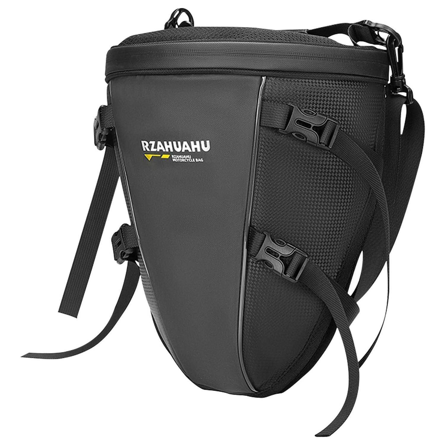 Schwarze Motorrad-Satteltasche mit Riemen und Schnallen, mit dem Logo „RZAHUAHU