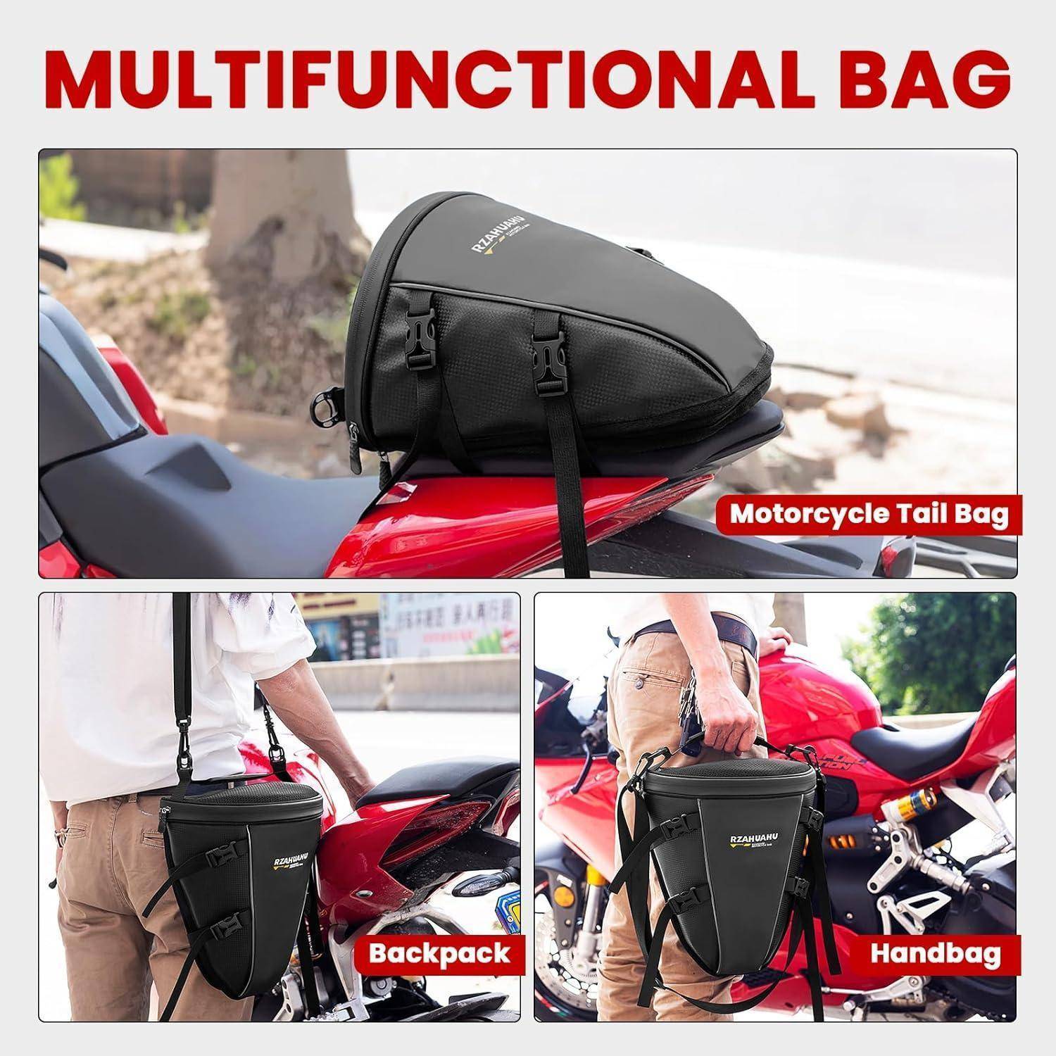 Werbebild einer schwarzen multifunktionalen Tasche, die als Motorrad-Hecktasche, Rucksack oder Handtasche auf einem roten Motorrad verwendet wird.