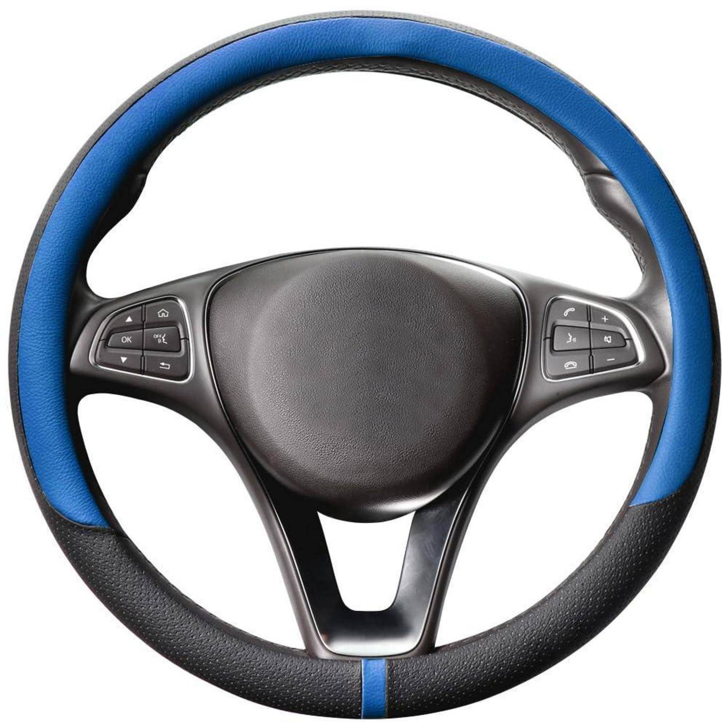 Schwarzes und blaues Auto-Lenkrad mit integrierten Steuertasten auf beiden Seiten, in Frontansicht auf weißem Hintergrund dargestellt.