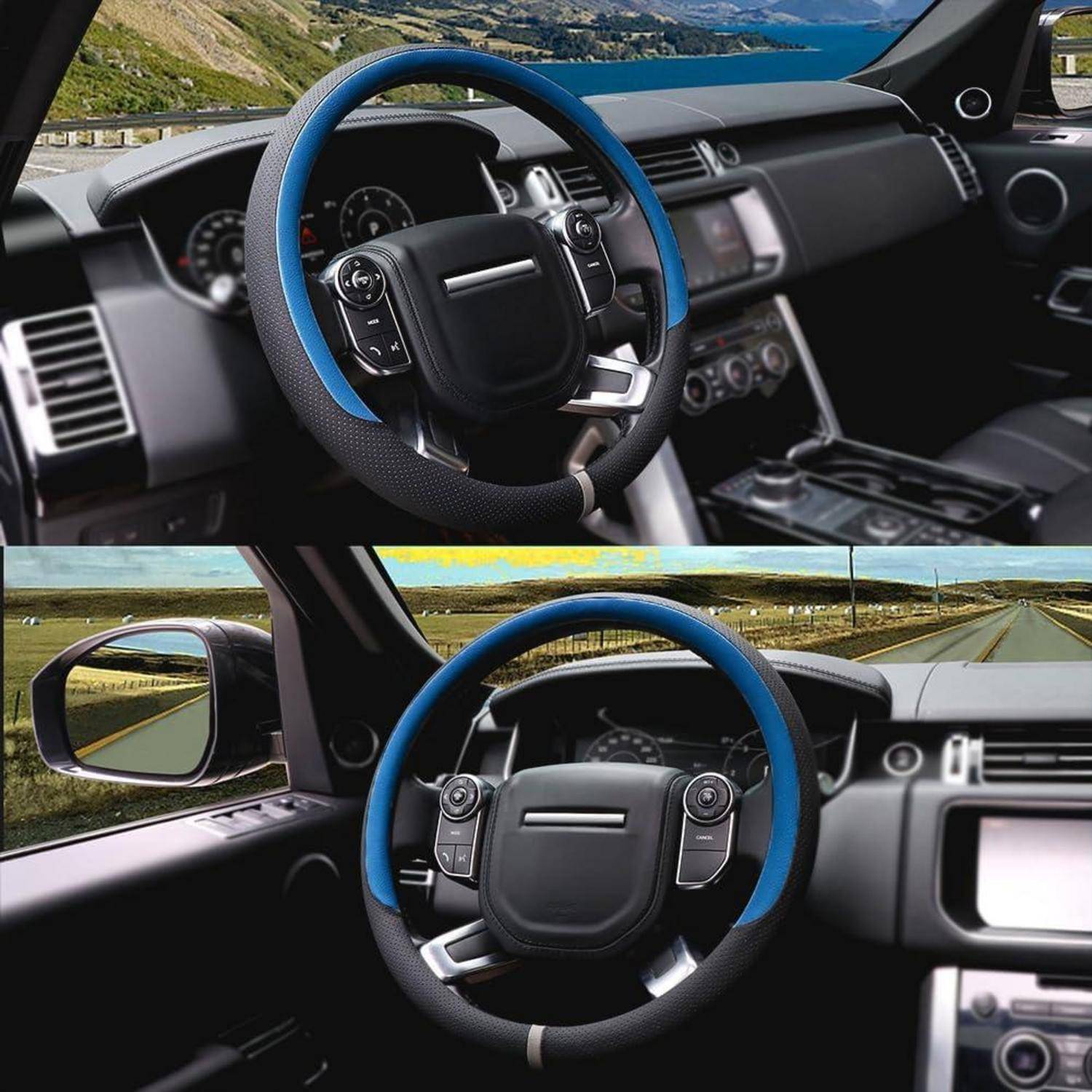 Zwei Ansichten eines Autoinnenraums, die ein Lenkrad mit blauem und schwarzem Bezug, das Armaturenbrett und die Straße, die durch die Windschutzscheibe sichtbar ist, zeigen.