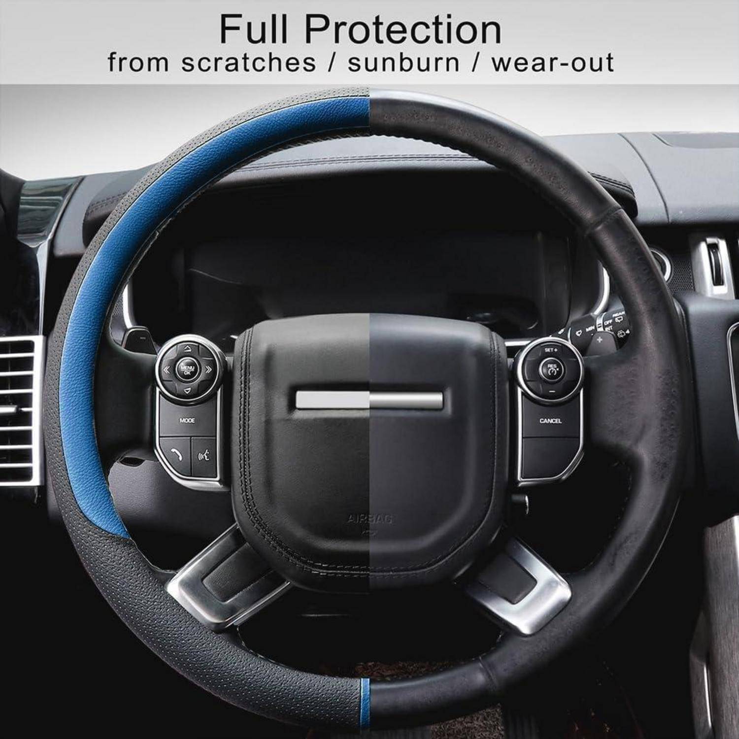 Autolenkrad mit blauer Schutzabdeckung, beschriftet mit „Vollständiger Schutz vor Kratzern / Sonnenbrand / Verschleiß".