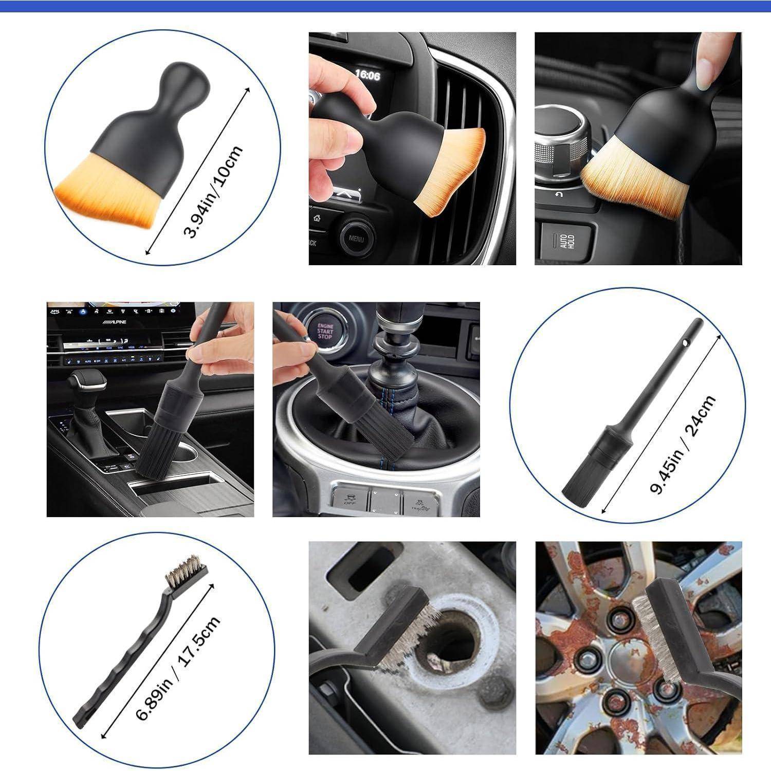 Collage mit Detaillierungsbürsten und einem Düsenreinigungswerkzeug zum Reinigen von Autolüftungsschlitzen, Konsolen, Nähten, Radmuttern und engen Spalten.